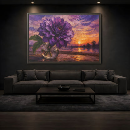 Mockup 3. Purple Dahlia Flower At Dusk shown as framed canvas print