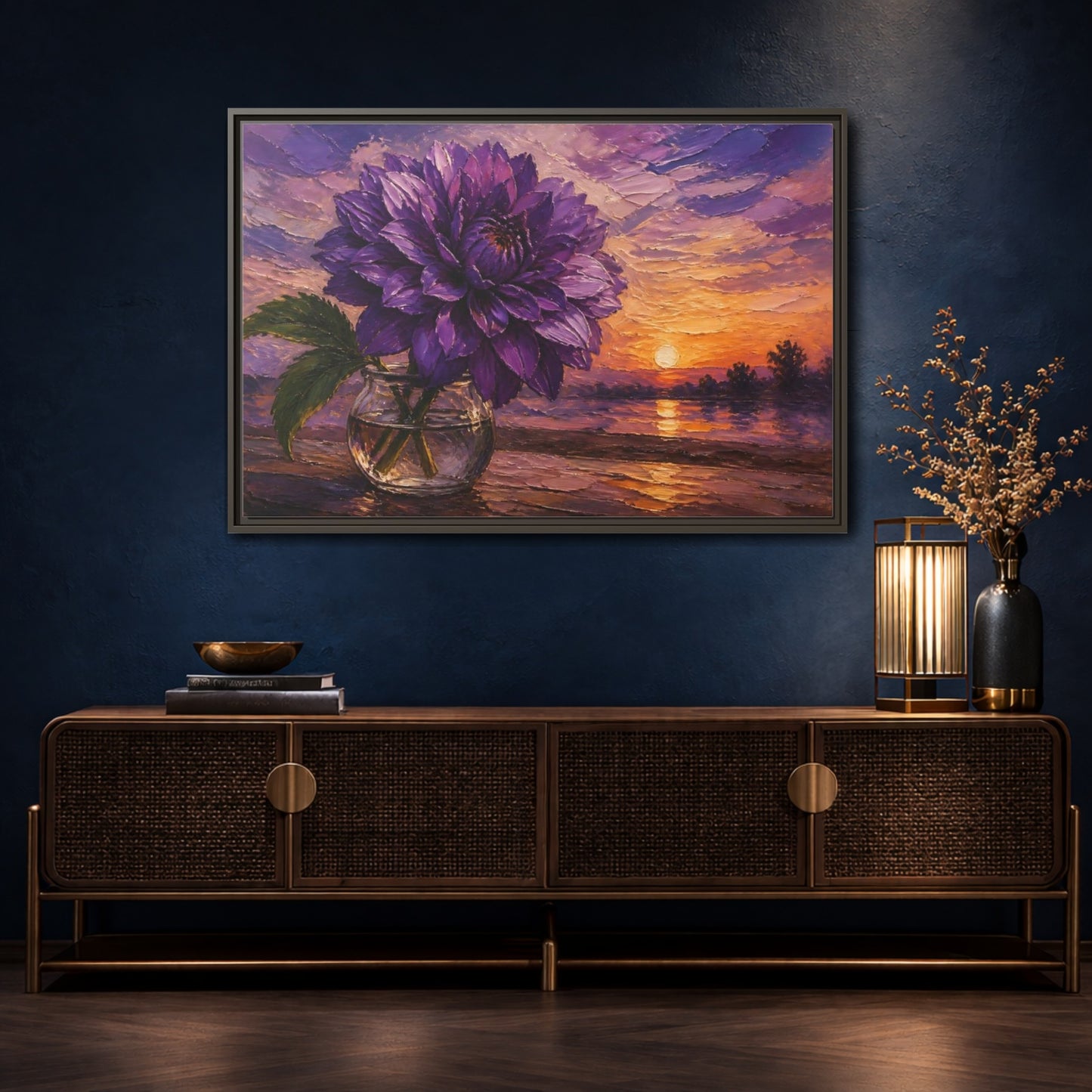 Mockup 4. Purple Dahlia Flower At Dusk shown as framed canvas print