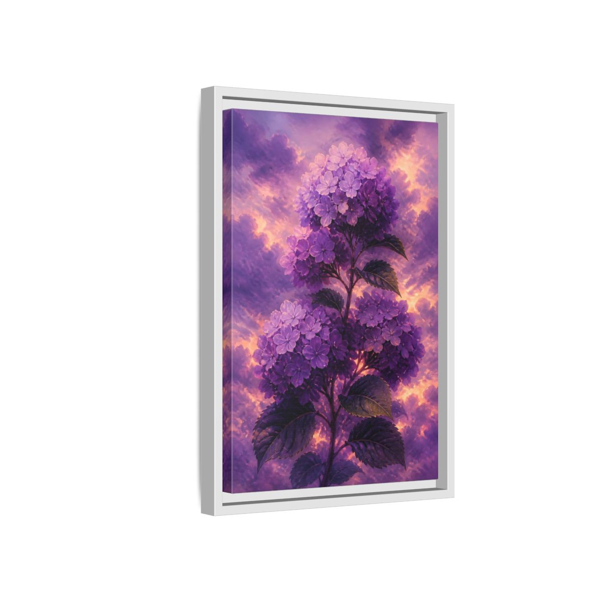Side Mockup 4. Purple Hydrangea At Dusk shown as framed canvas print