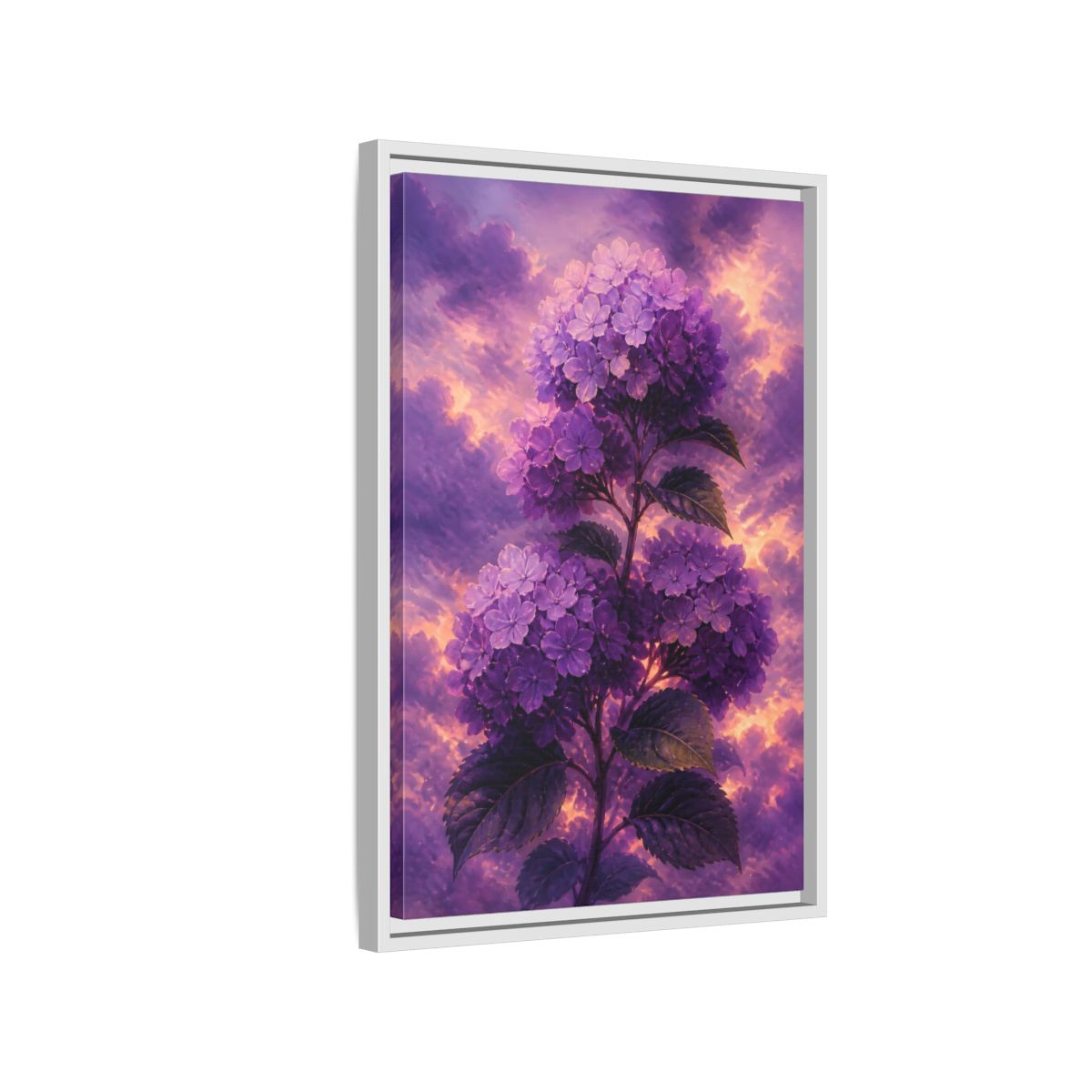 Side Mockup 1. Purple Hydrangea At Dusk shown as framed canvas print