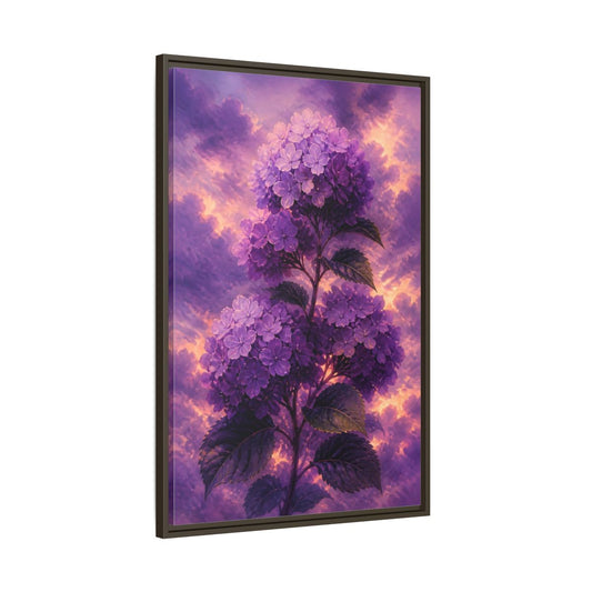 Main Mockup. Purple Hydrangea At Dusk shown as framed canvas print