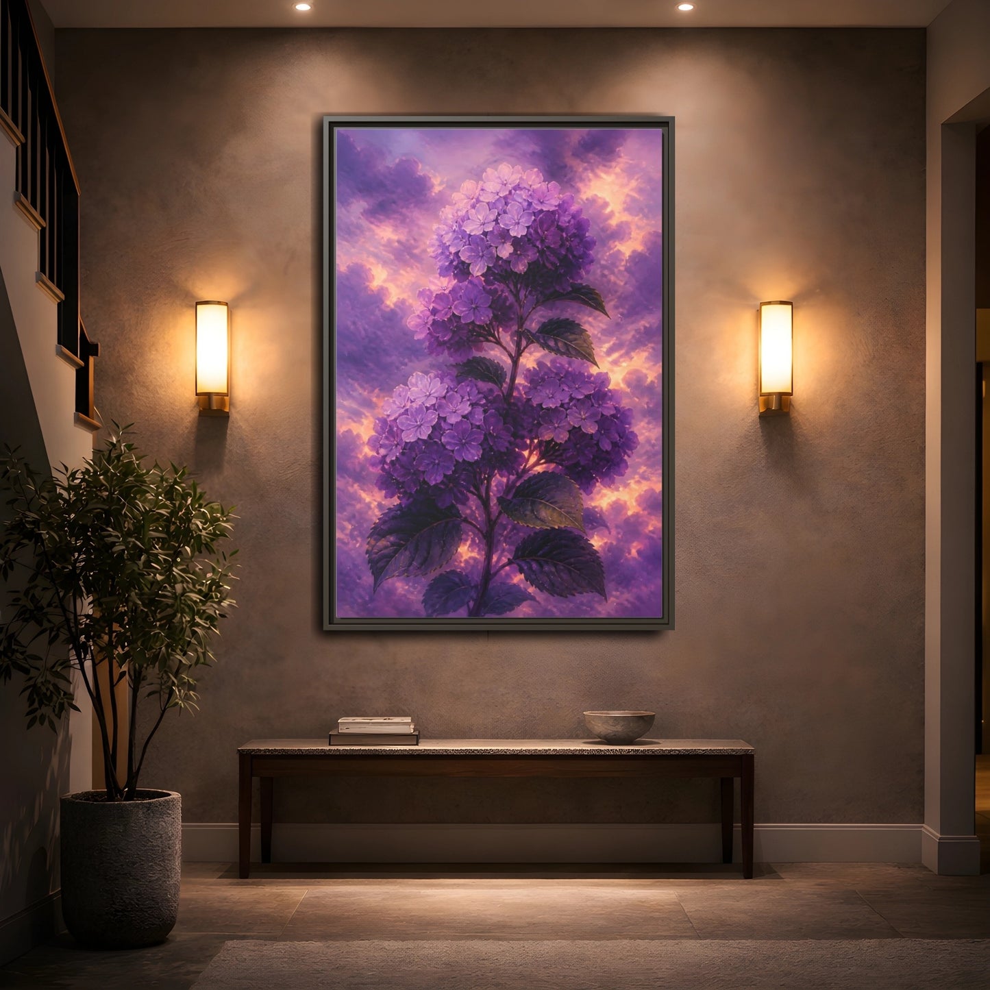 Mockup 2. Purple Hydrangea At Dusk shown as framed canvas print