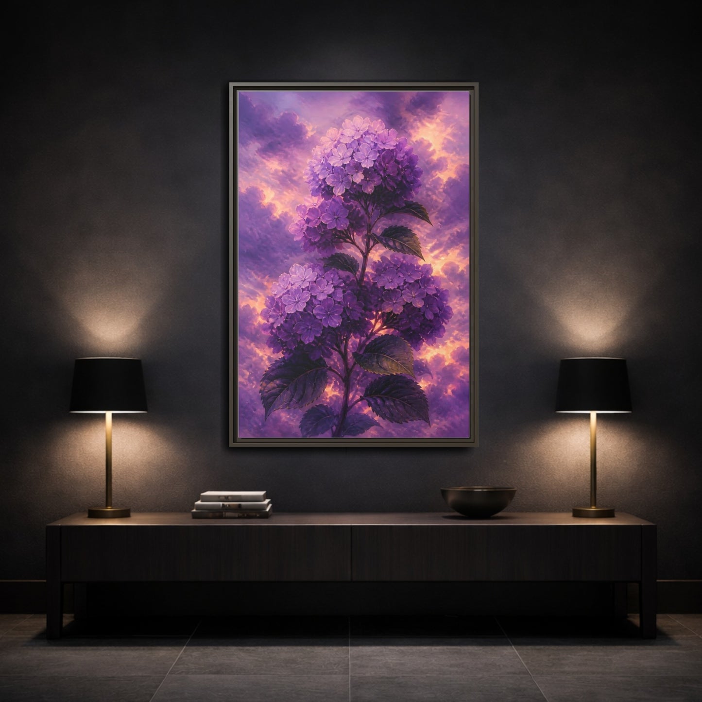 Mockup 3. Purple Hydrangea At Dusk shown as framed canvas print