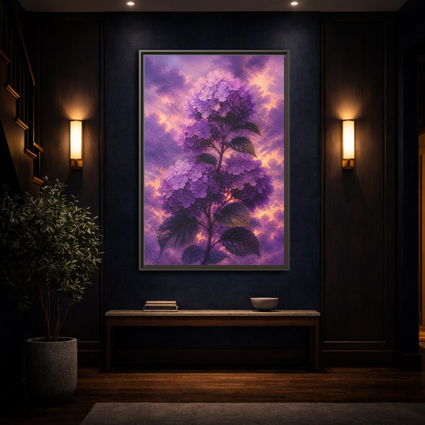 Mockup 4. Purple Hydrangea At Dusk shown as framed canvas print