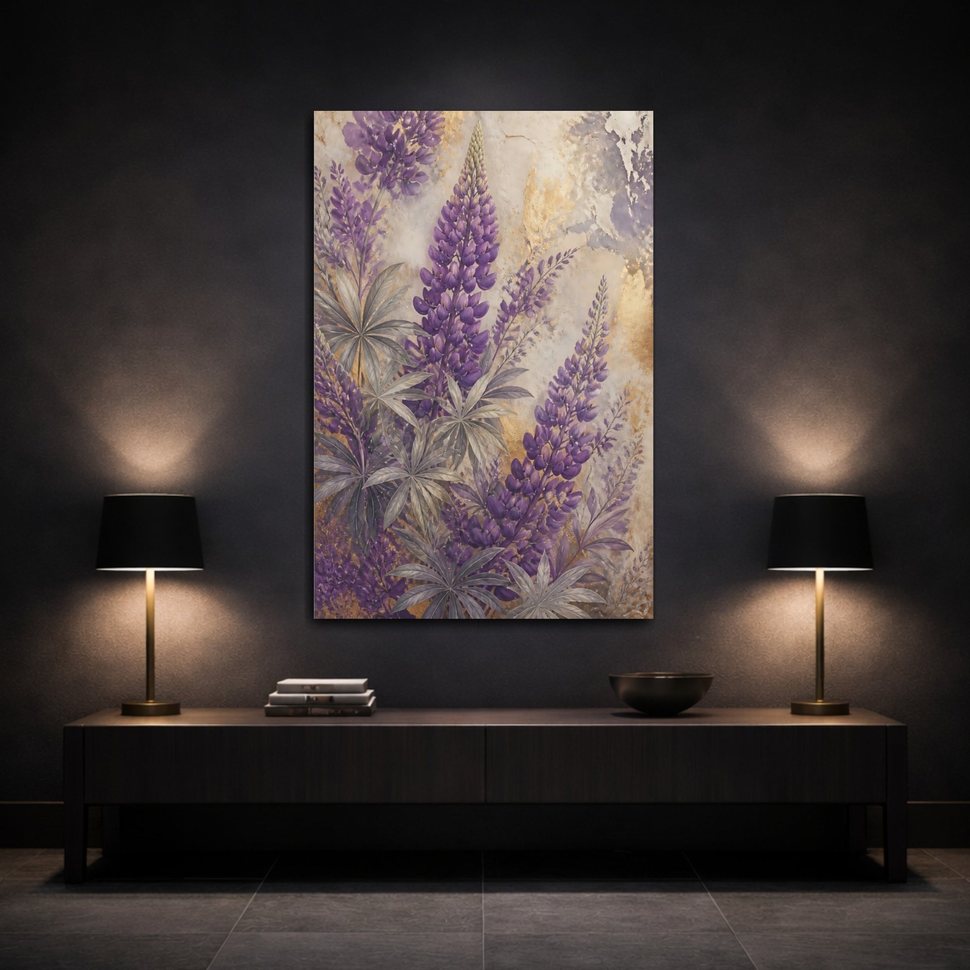Mockup 3. Purple Lupine Floral shown as canvas print