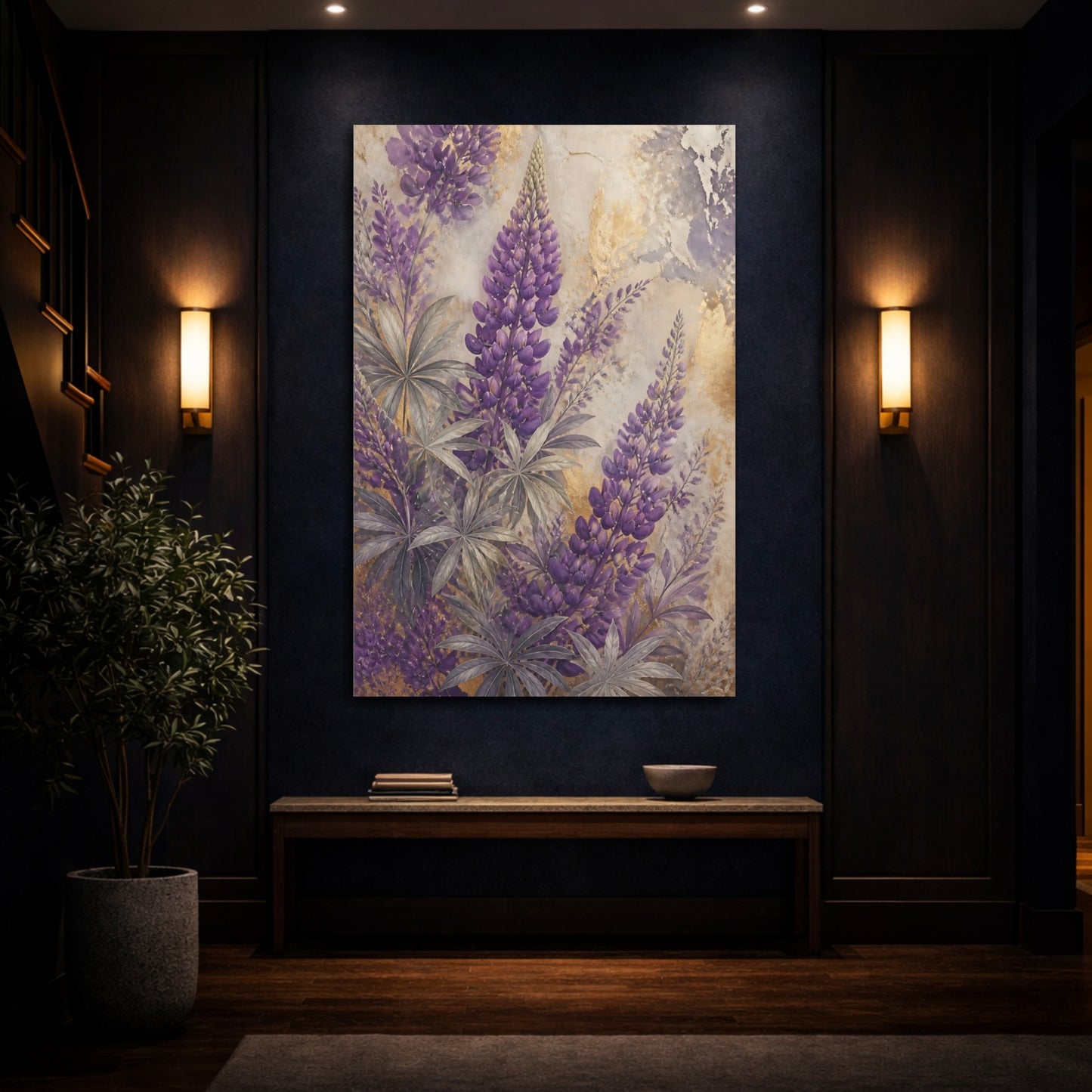 Mockup 4. Purple Lupine Floral shown as canvas print