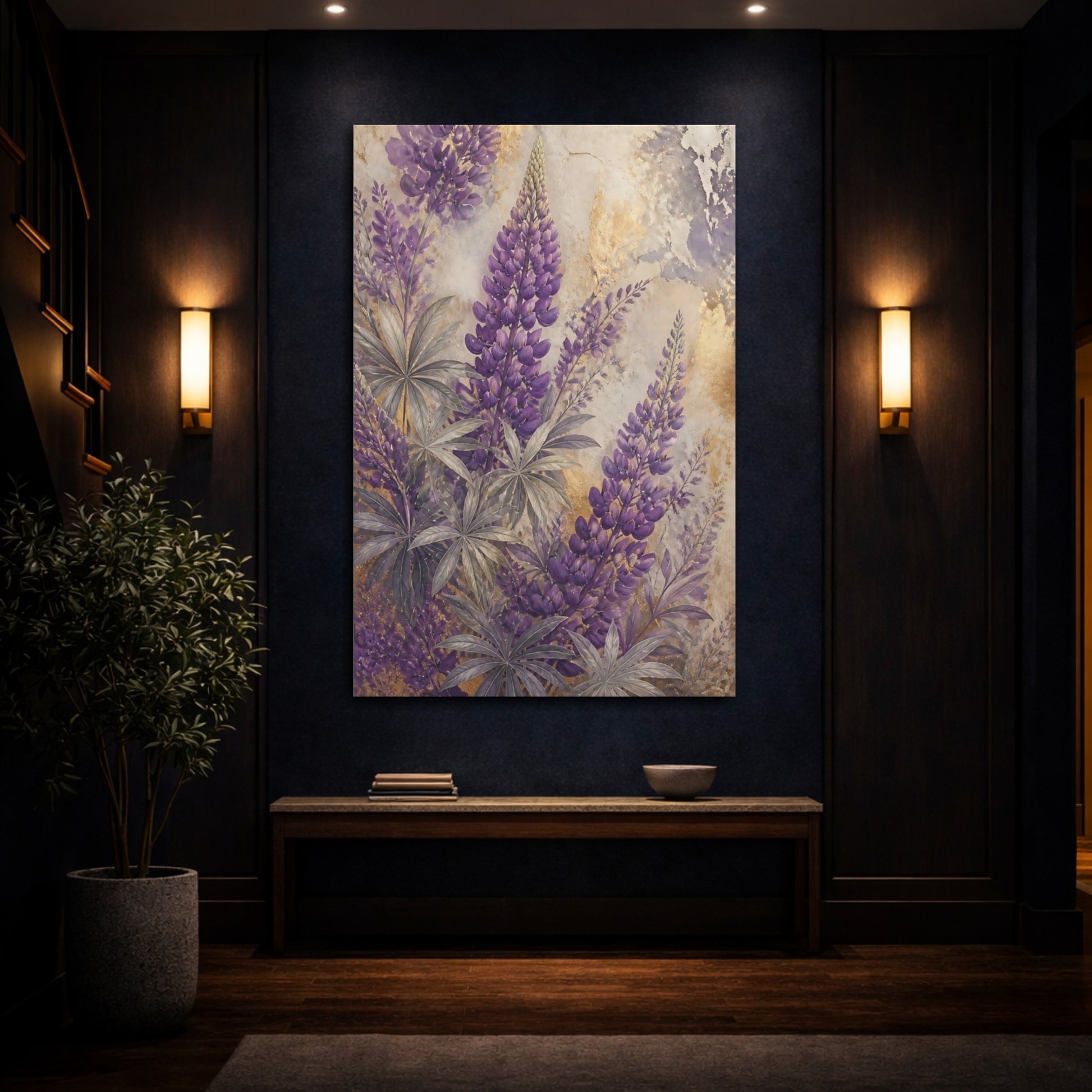 Mockup 4. Purple Lupine Floral shown as canvas print