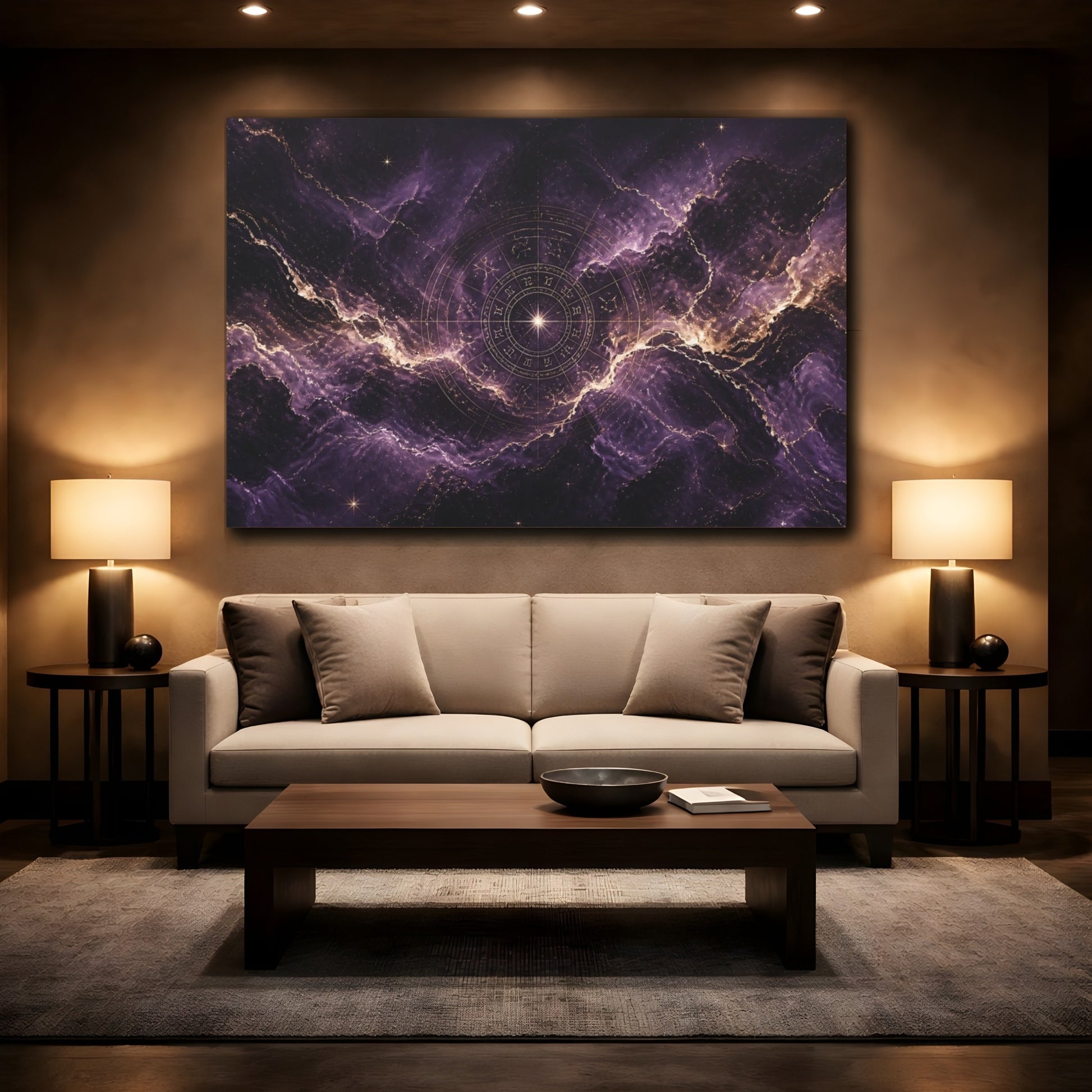 Mockup 2. Purple Zodiac Nebula shown as canvas print