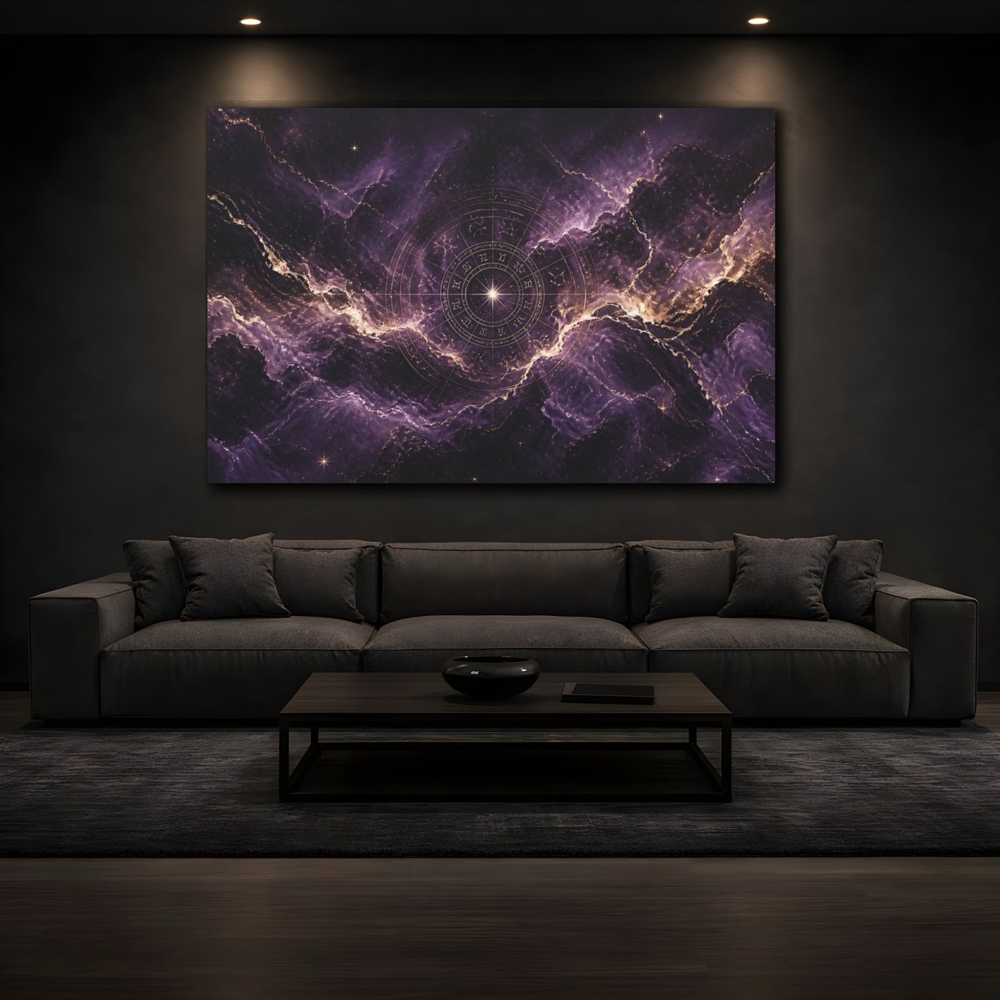 Mockup 3. Purple Zodiac Nebula shown as canvas print