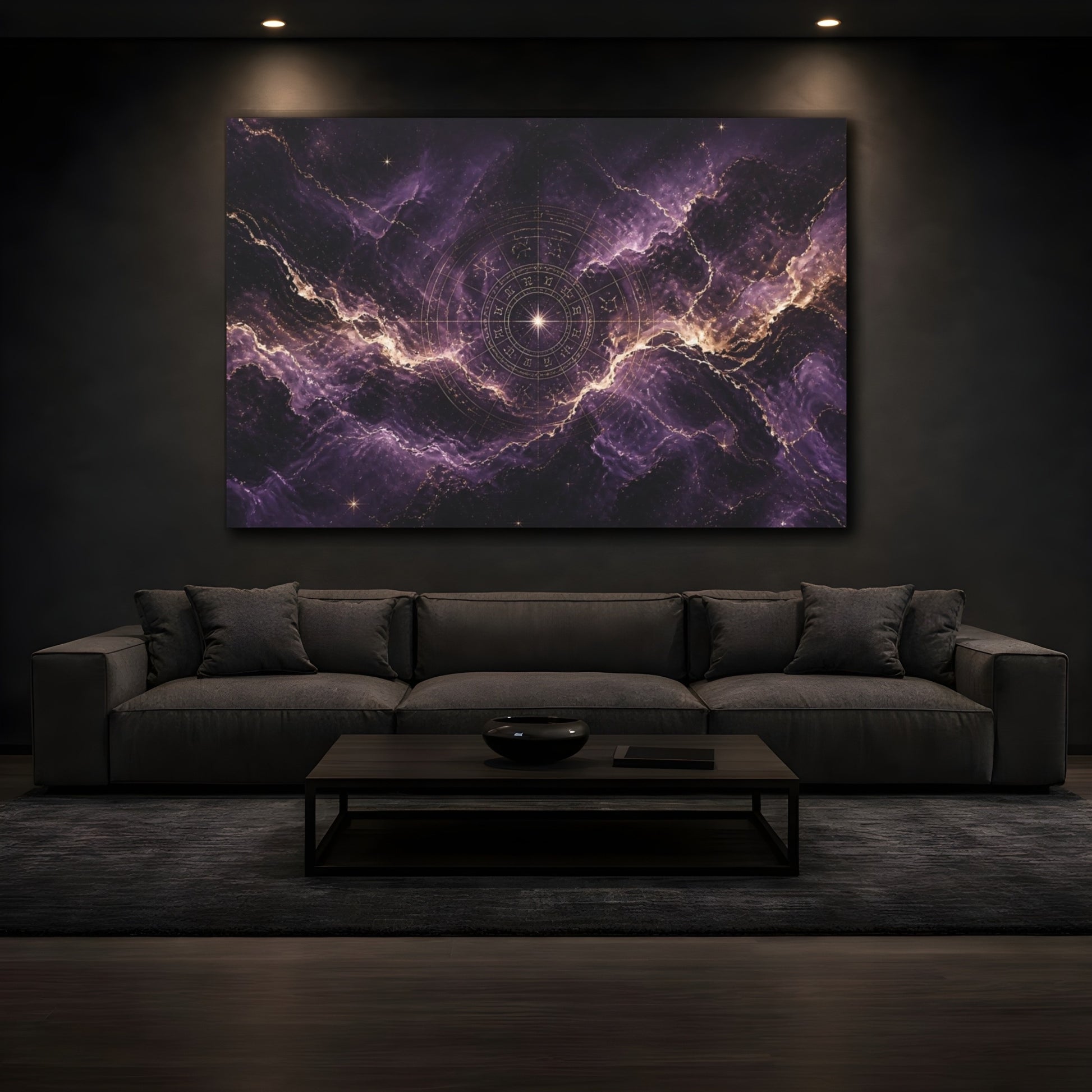 Mockup 3. Purple Zodiac Nebula shown as canvas print