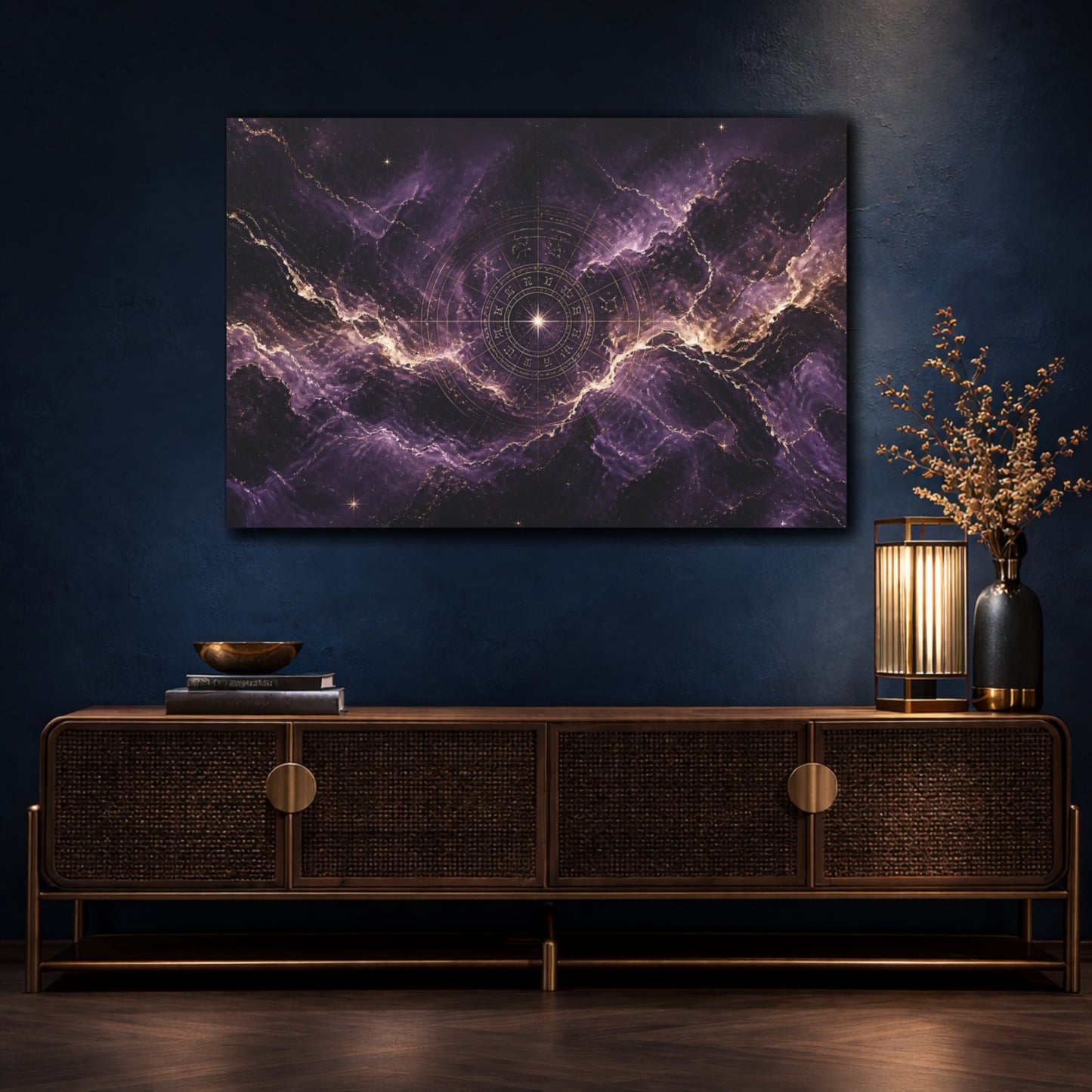 Mockup 4. Purple Zodiac Nebula shown as canvas print