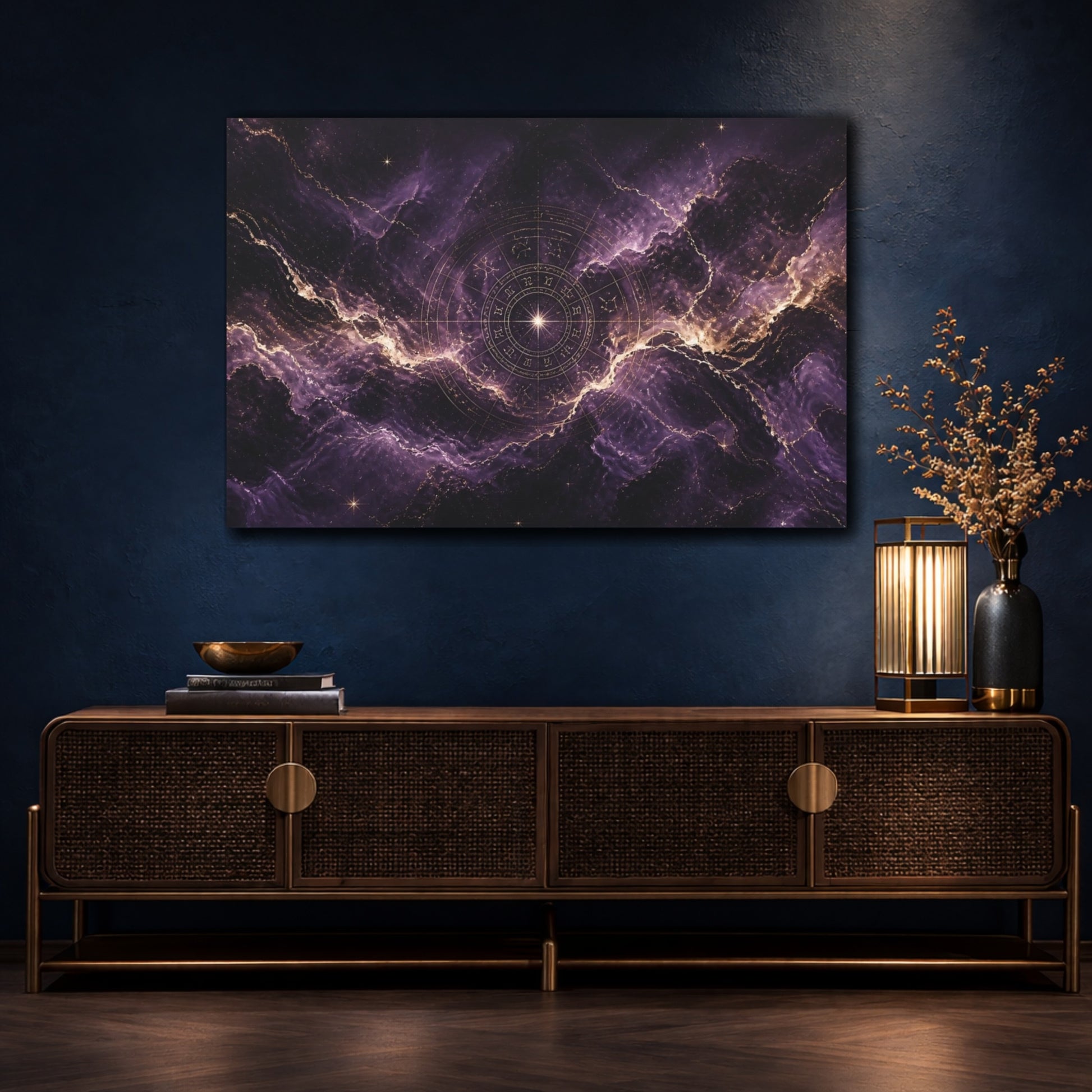 Mockup 4. Purple Zodiac Nebula shown as canvas print