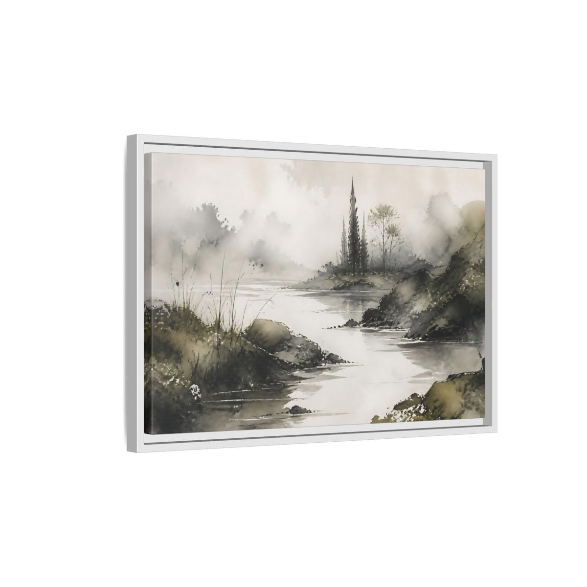 Side Mockup 1. Quiet Cypress Silhouette shown as framed canvas print