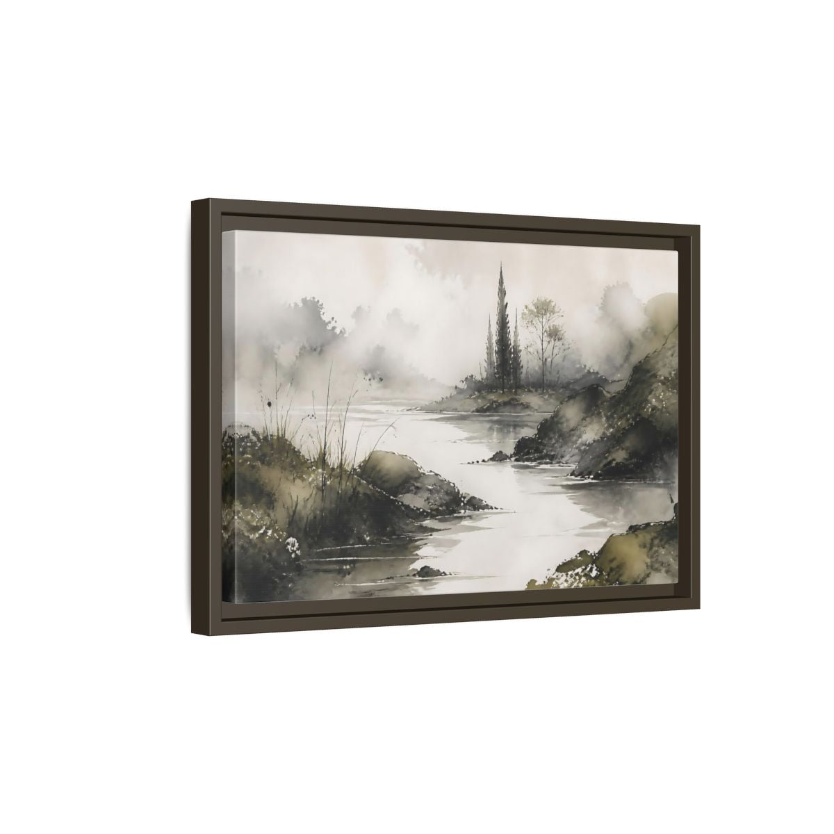 Side Mockup 5. Quiet Cypress Silhouette shown as framed canvas print