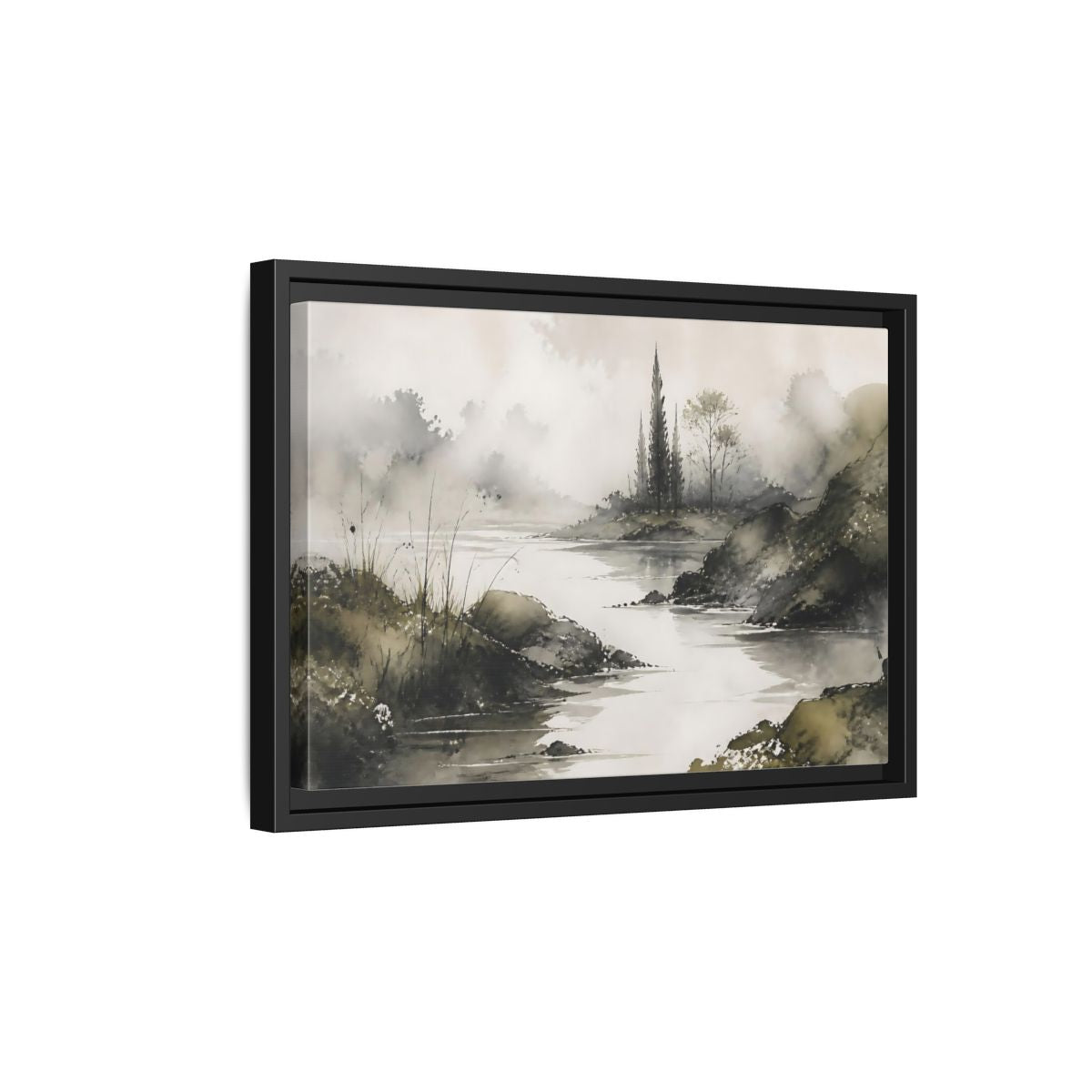 Side Mockup 6. Quiet Cypress Silhouette shown as framed canvas print