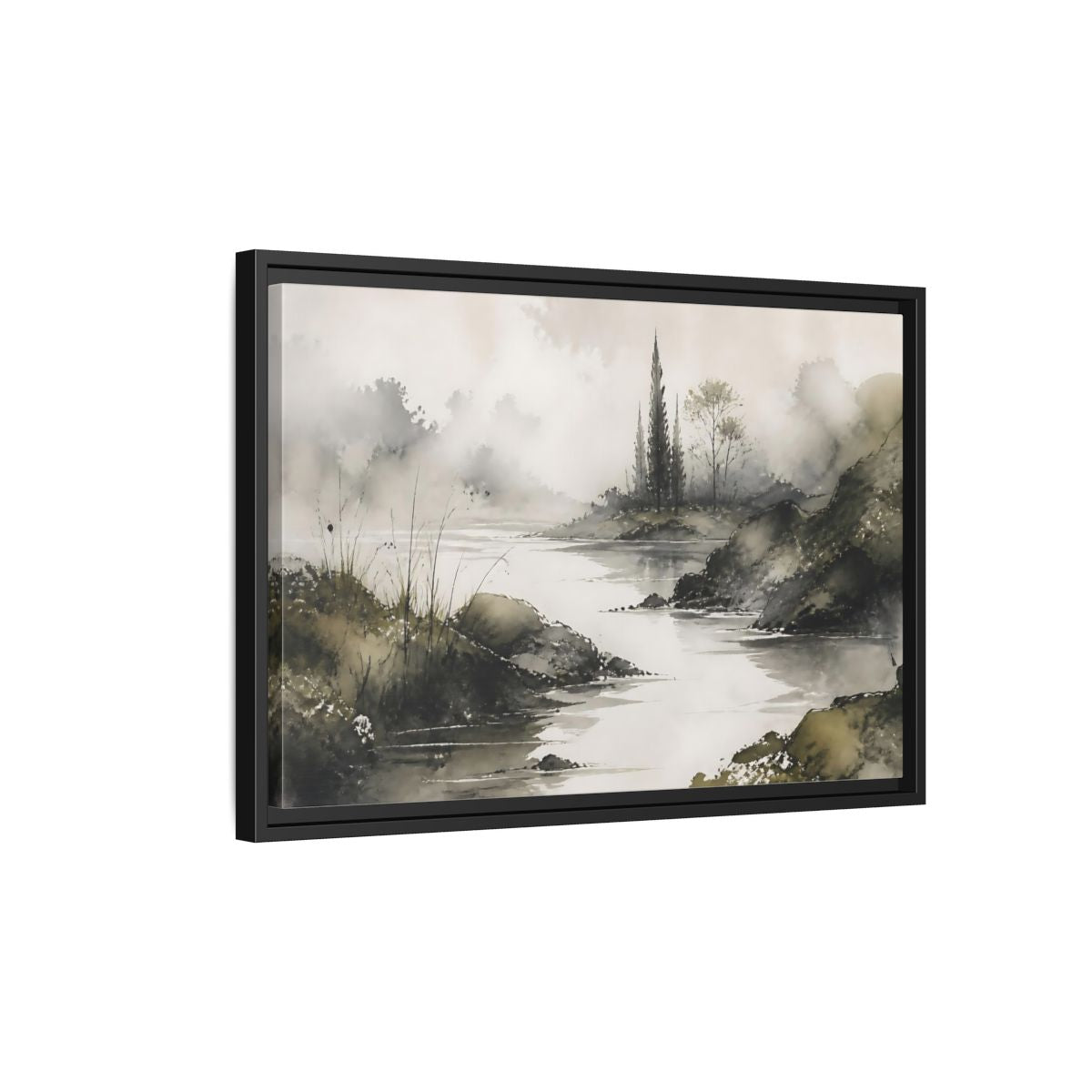 Side Mockup 3. Quiet Cypress Silhouette shown as framed canvas print