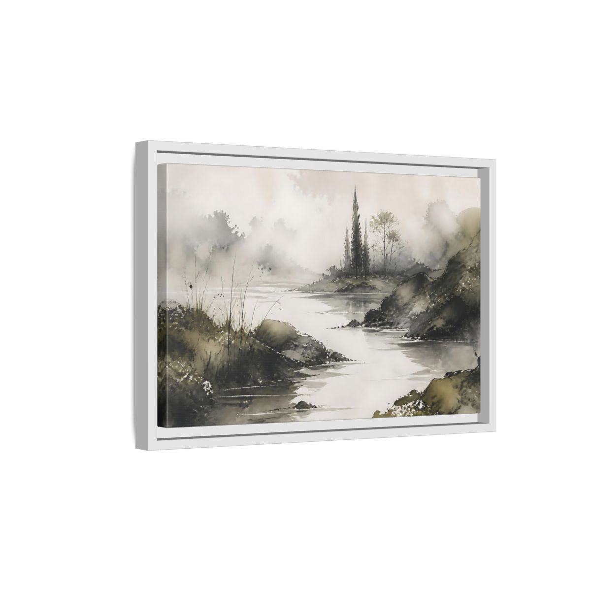 Side Mockup 4. Quiet Cypress Silhouette shown as framed canvas print