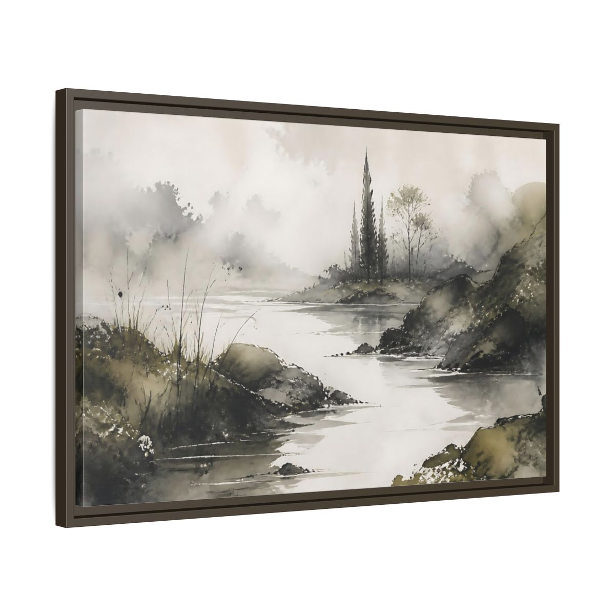 Side Mockup 11. Quiet Cypress Silhouette shown as framed canvas print