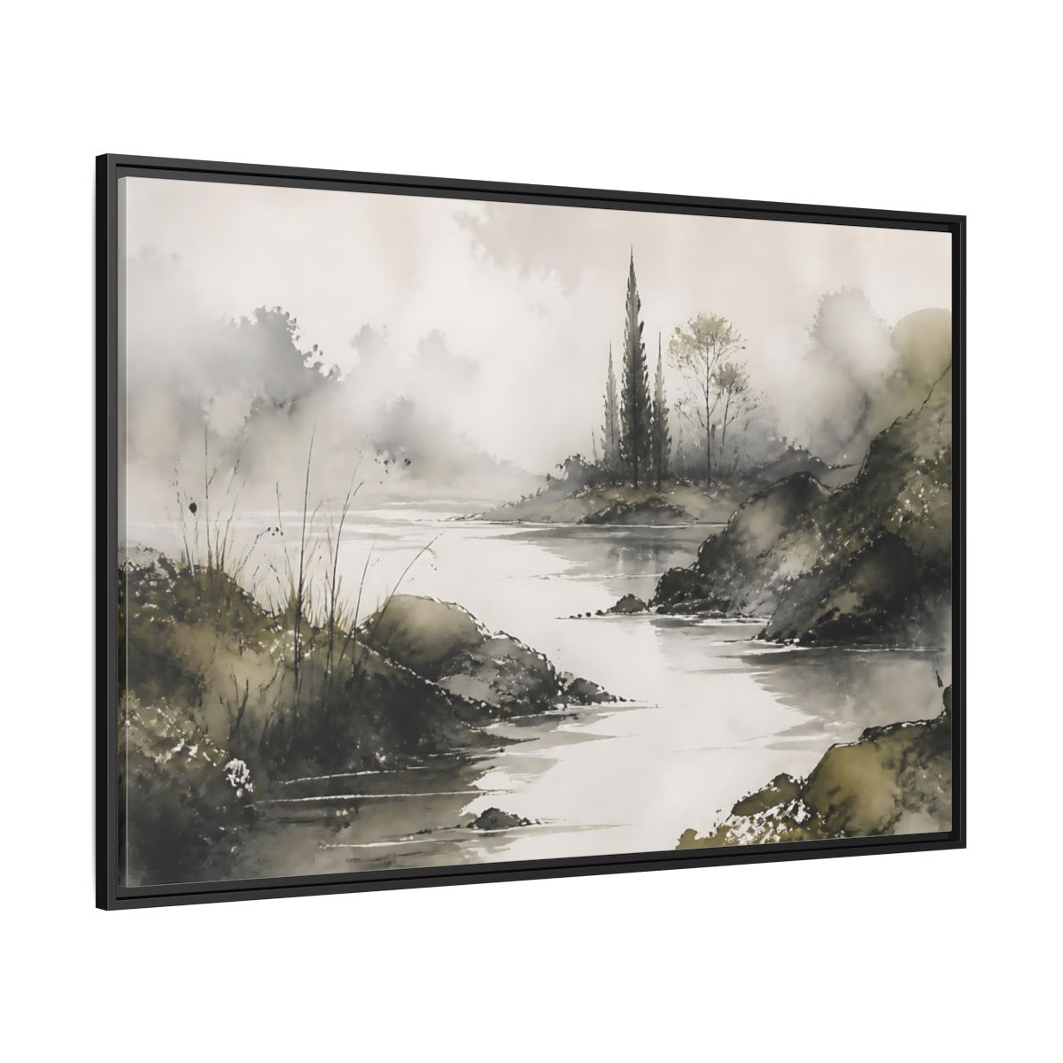 Side Mockup 12. Quiet Cypress Silhouette shown as framed canvas print