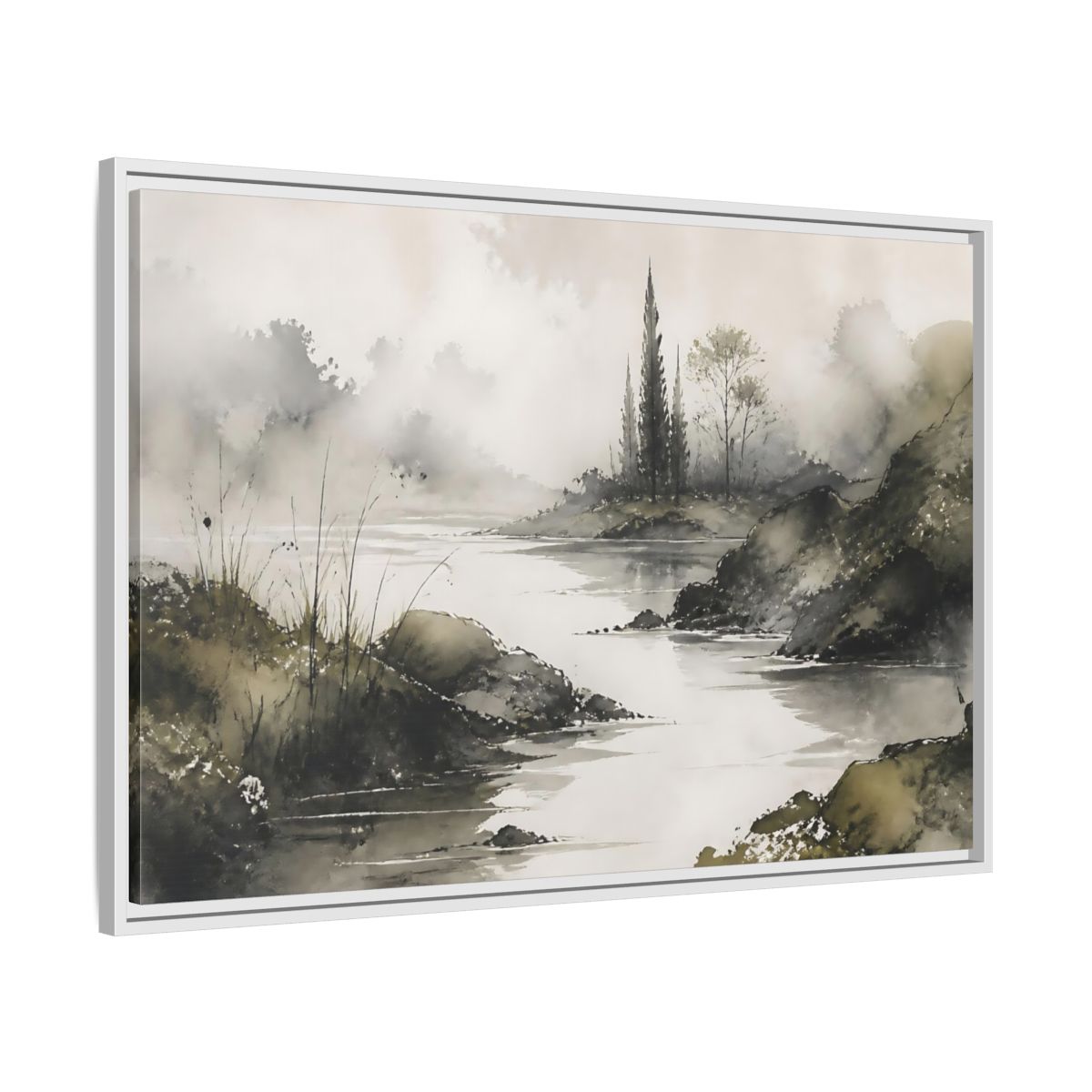Side Mockup 9. Quiet Cypress Silhouette shown as framed canvas print
