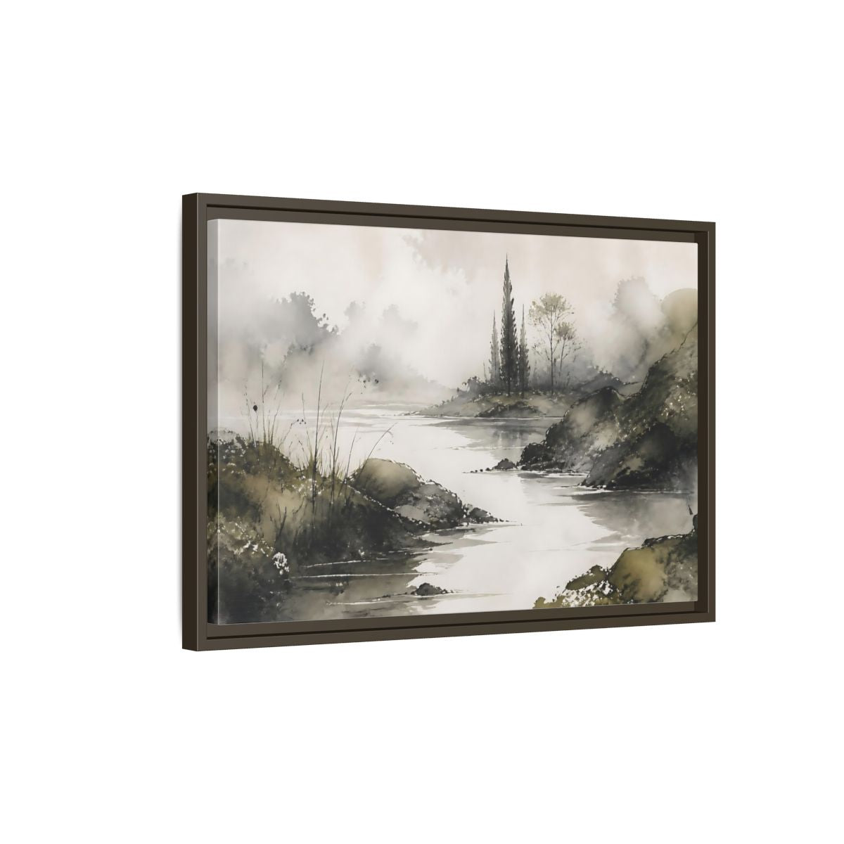 Side Mockup 2. Quiet Cypress Silhouette shown as framed canvas print