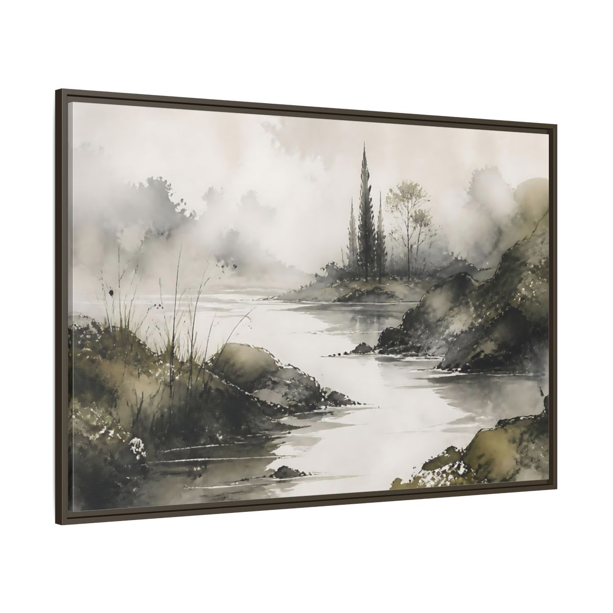 Side Mockup 8. Quiet Cypress Silhouette shown as framed canvas print