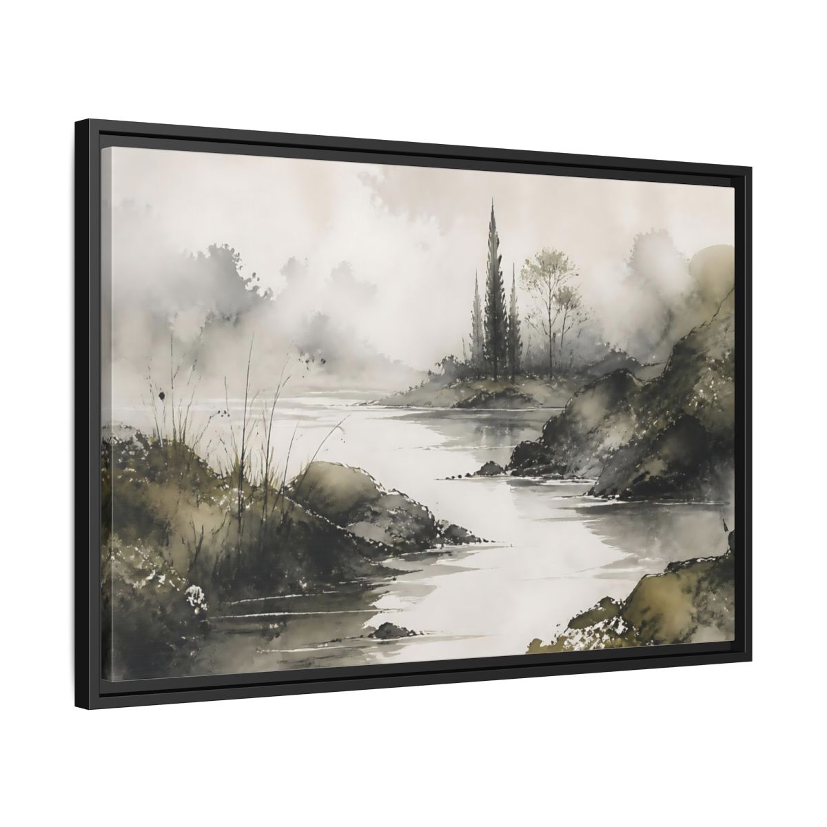 Side Mockup 14. Quiet Cypress Silhouette shown as framed canvas print
