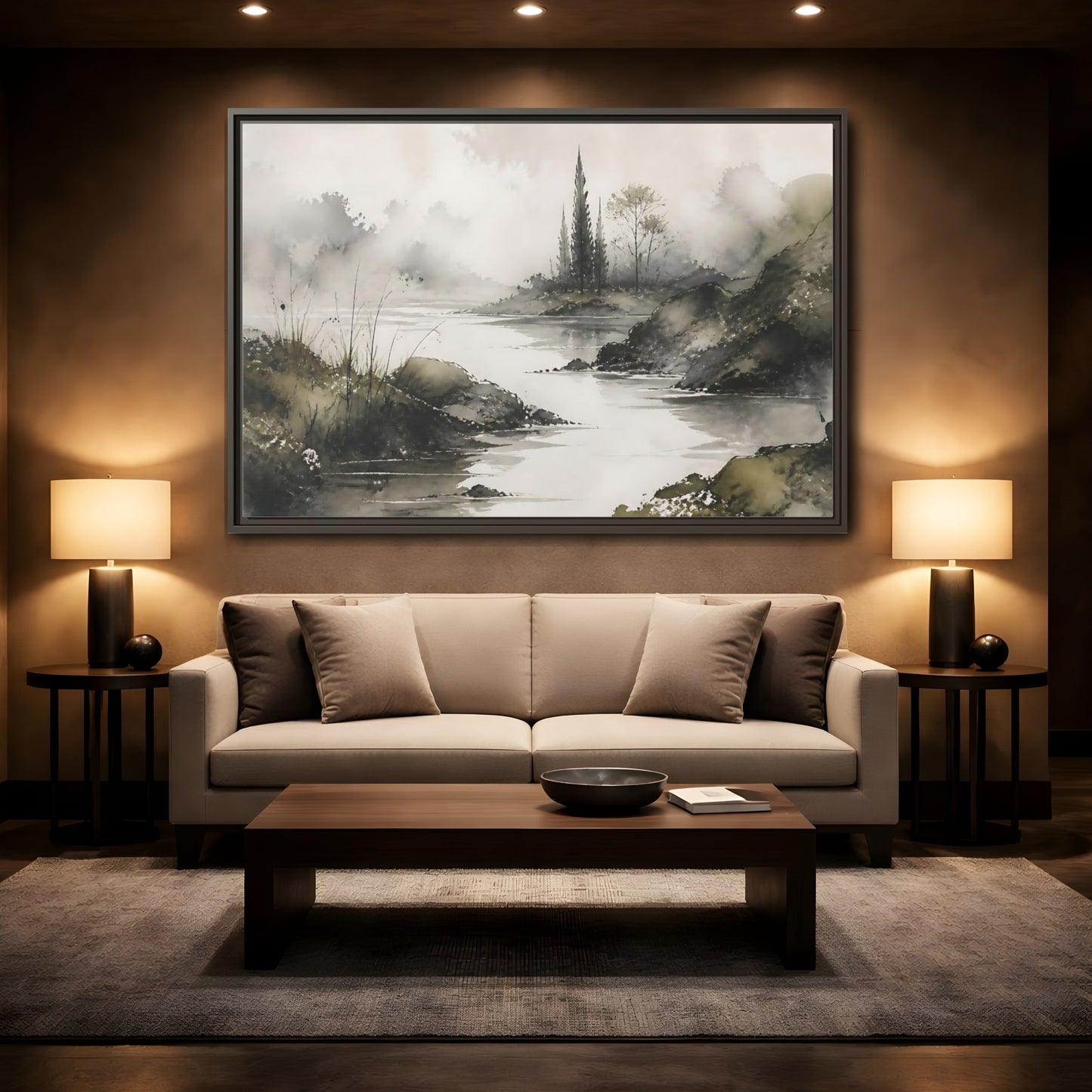 Mockup 2. Quiet Cypress Silhouette shown as framed canvas print