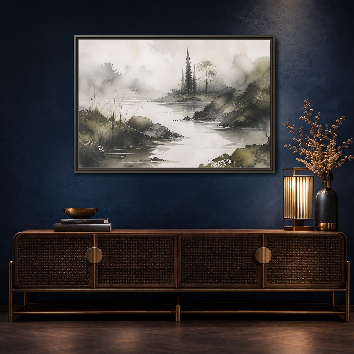 Mockup 4. Quiet Cypress Silhouette shown as framed canvas print