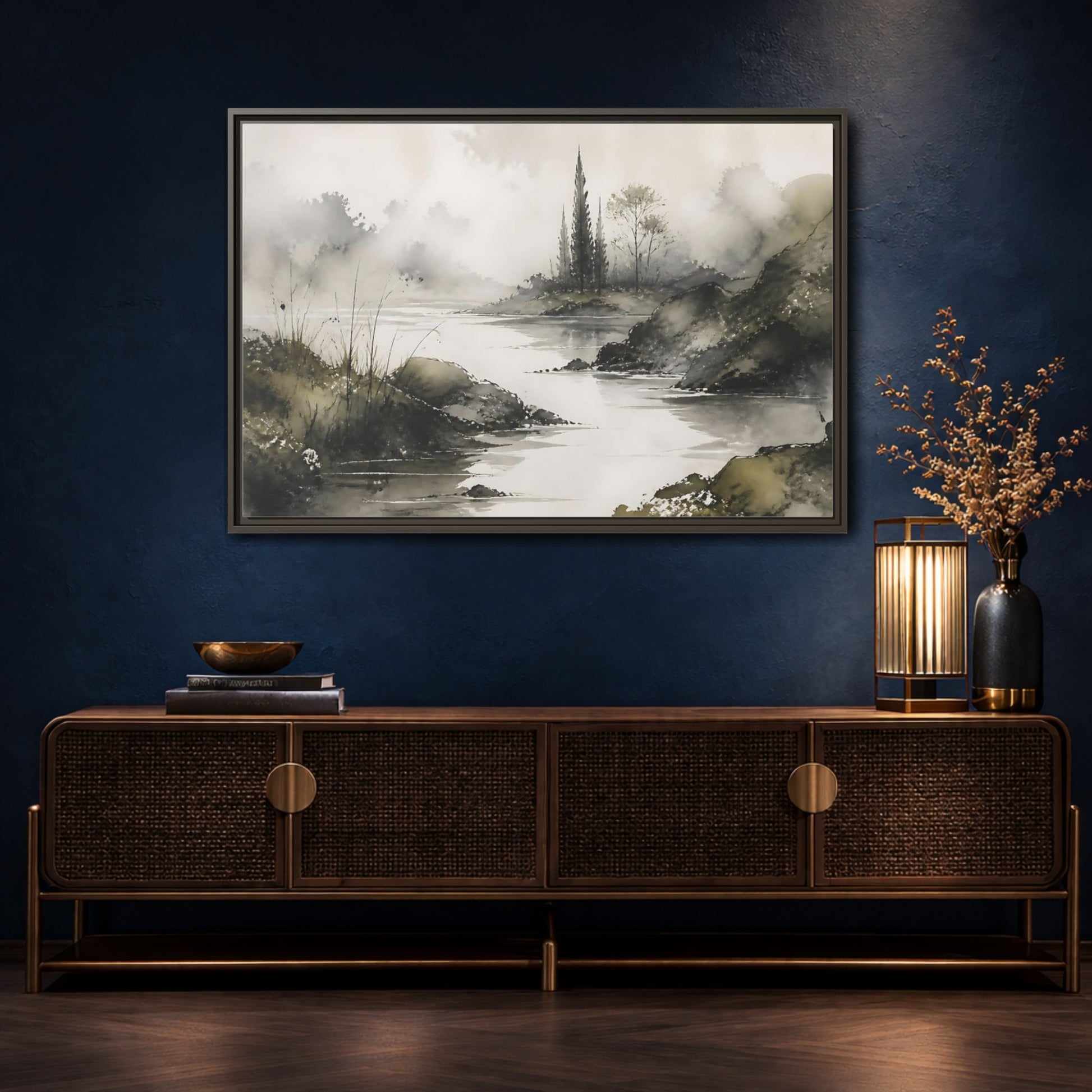 Mockup 4. Quiet Cypress Silhouette shown as framed canvas print
