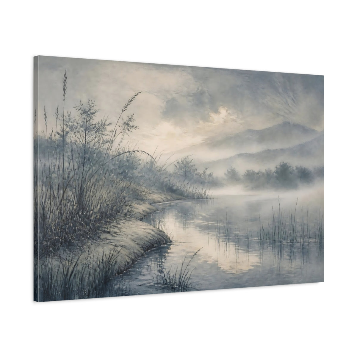 Main Mockup. Quiet Misty Pond shown as canvas print