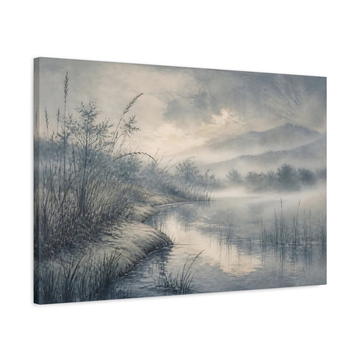 Side Mockup 2. Quiet Misty Pond shown as canvas print
