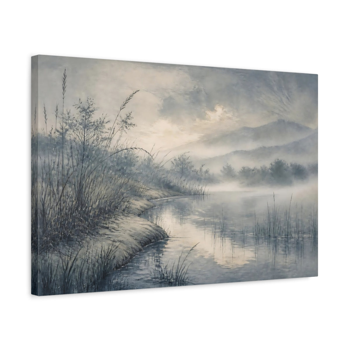 Side Mockup 3. Quiet Misty Pond shown as canvas print