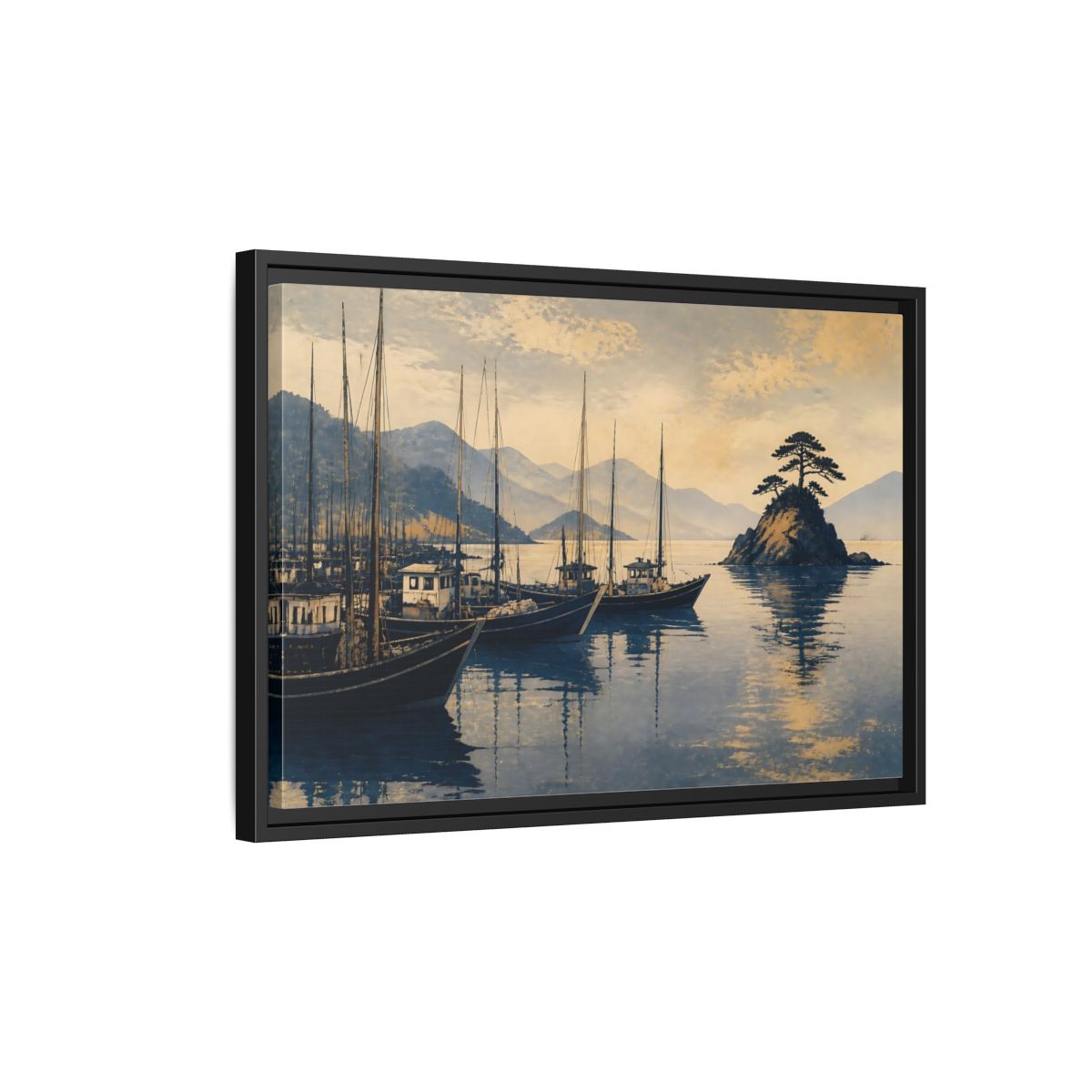 Side Mockup 3. Quiet Seto Harbor shown as framed canvas print