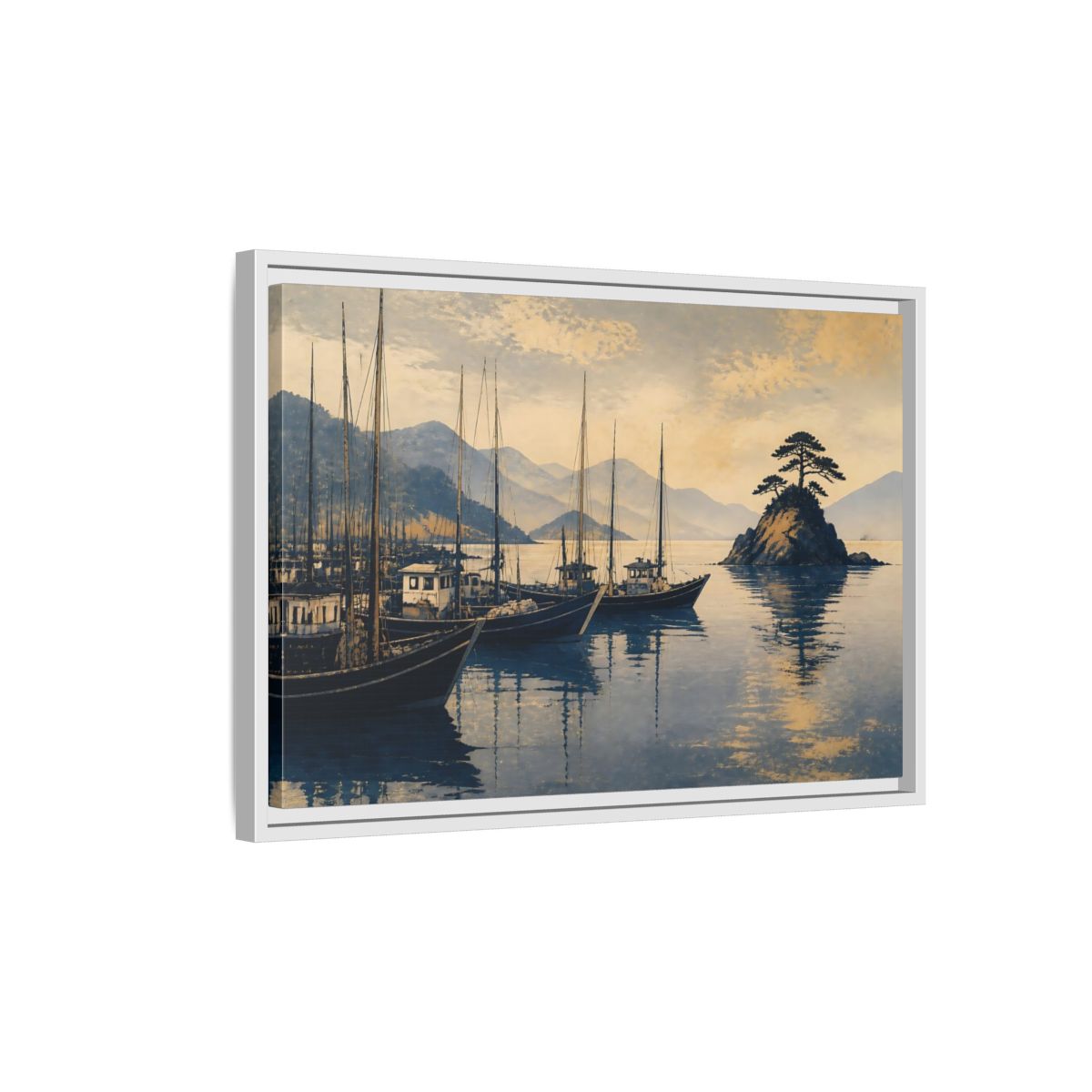 Side Mockup 1. Quiet Seto Harbor shown as framed canvas print
