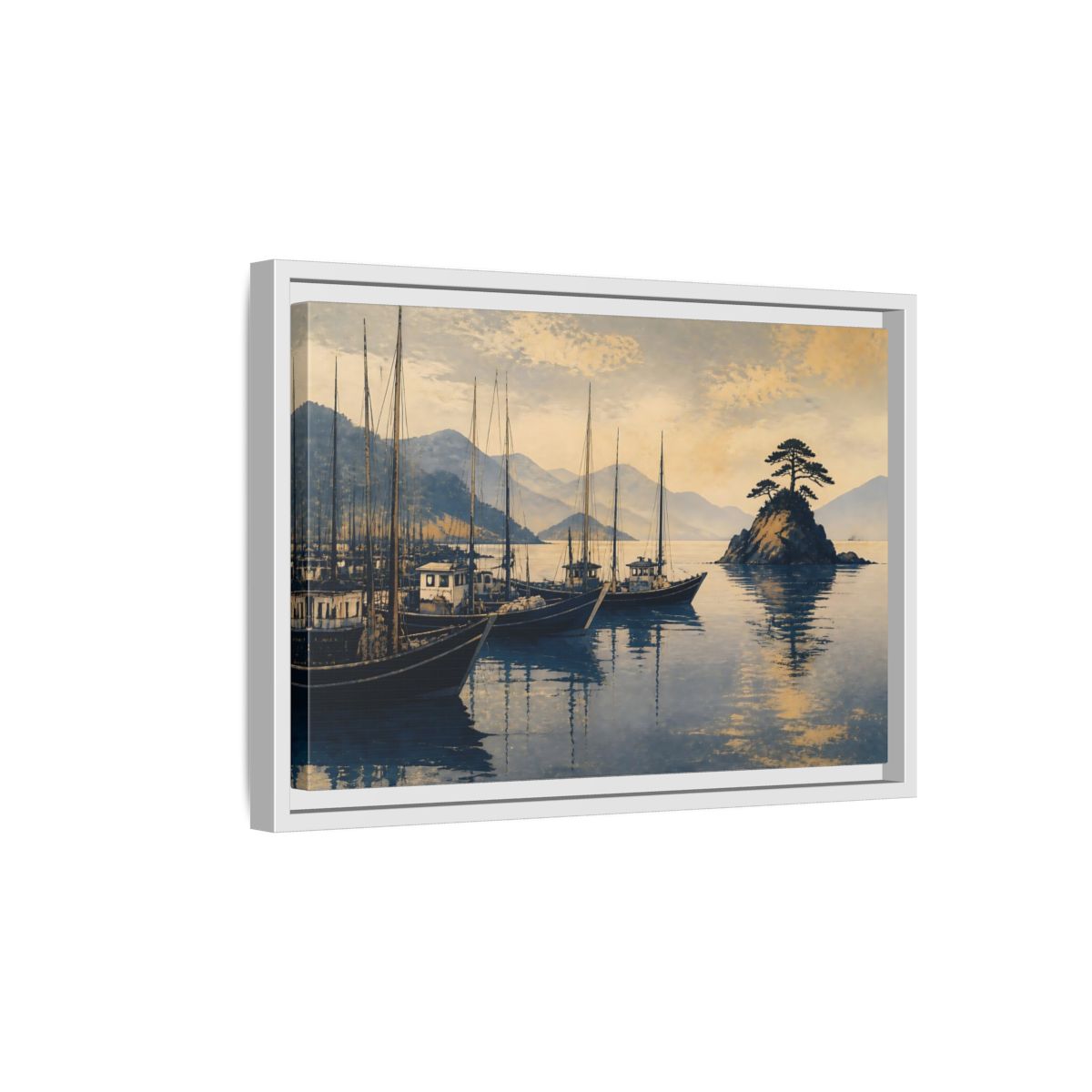 Side Mockup 4. Quiet Seto Harbor shown as framed canvas print