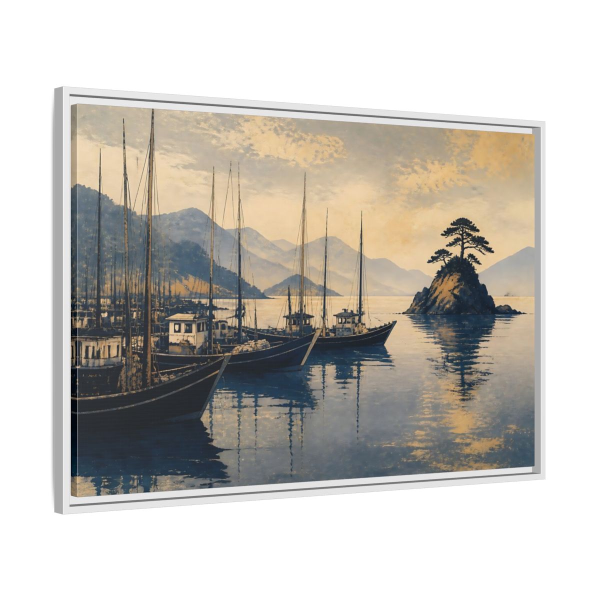 Side Mockup 9. Quiet Seto Harbor shown as framed canvas print