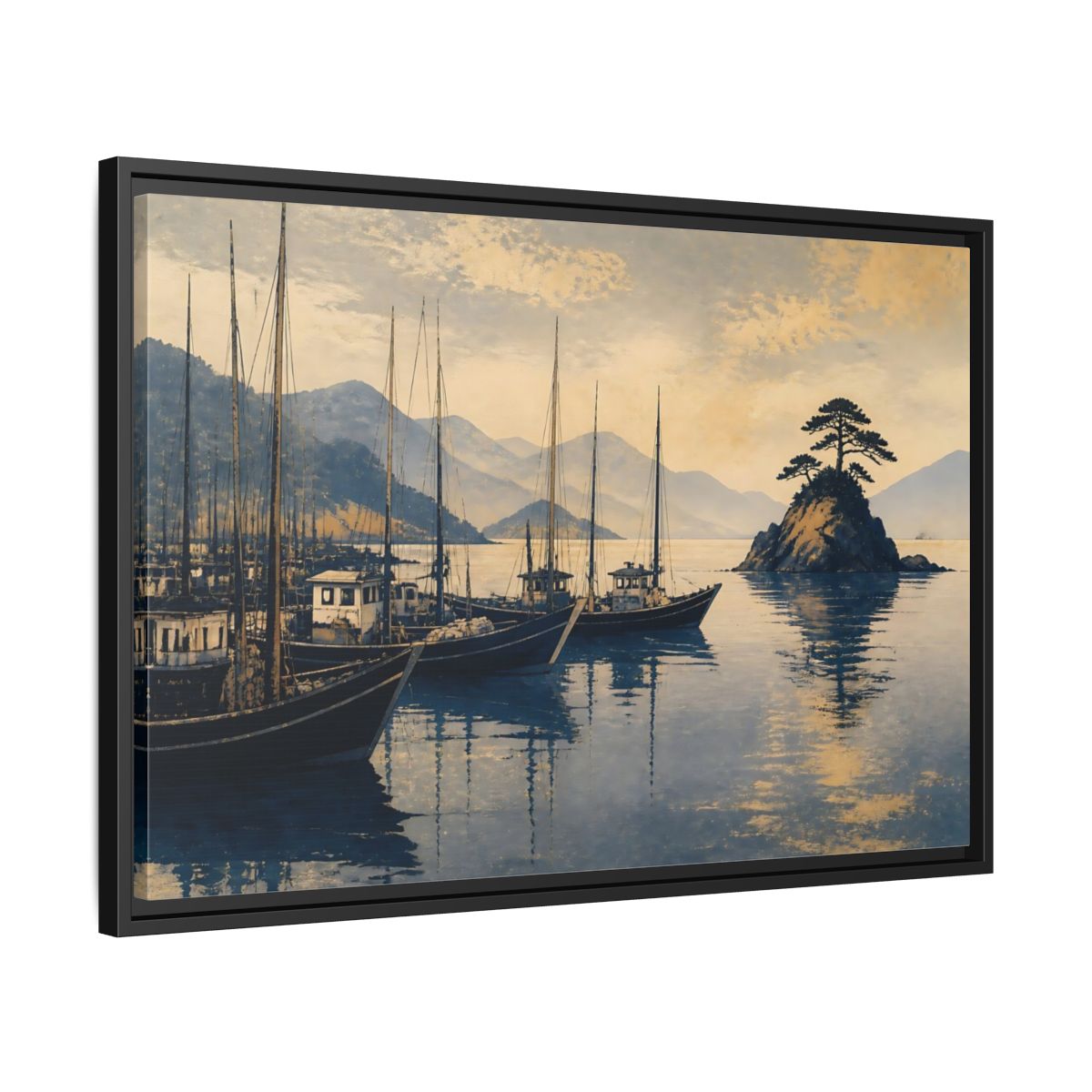 Side Mockup 14. Quiet Seto Harbor shown as framed canvas print