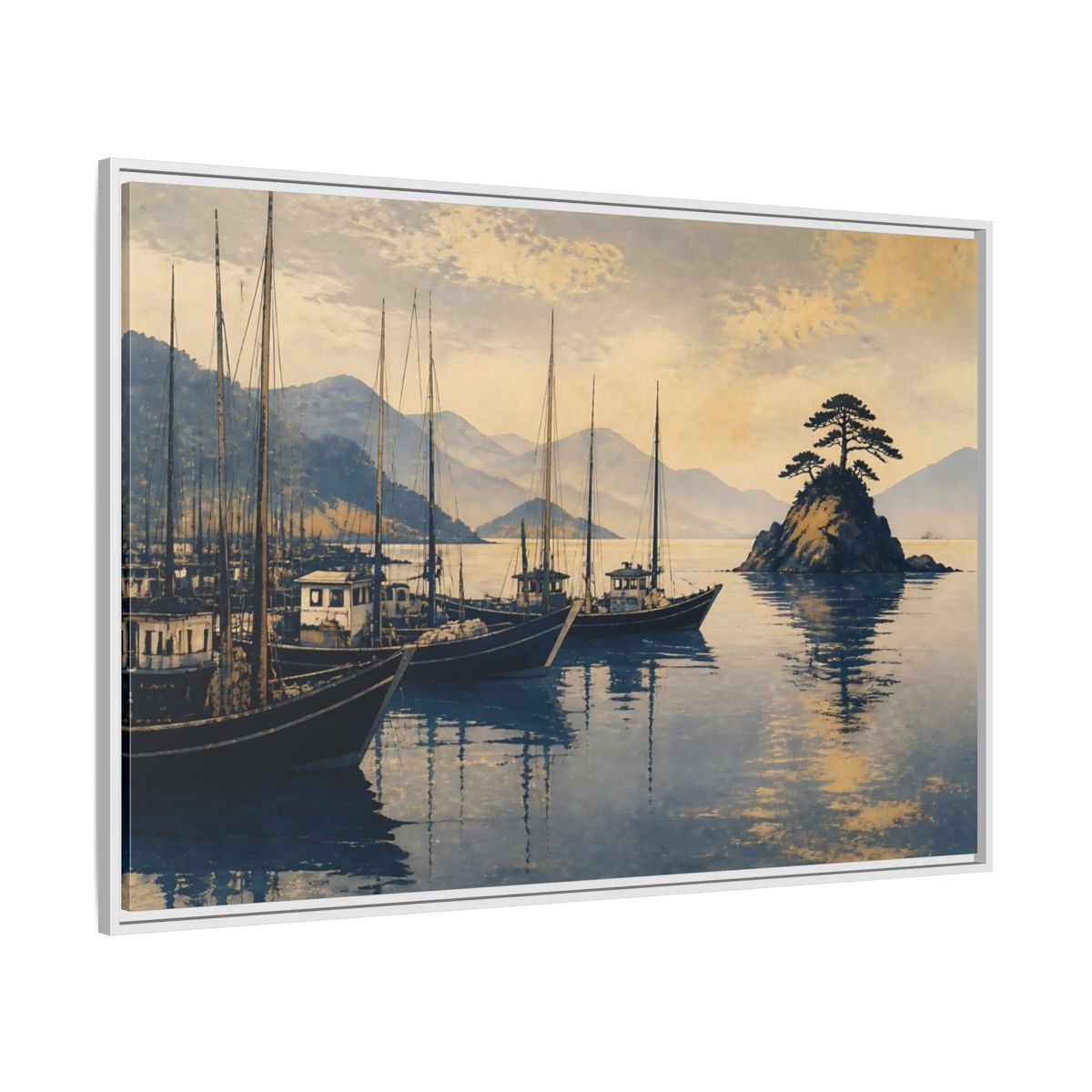 Side Mockup 7. Quiet Seto Harbor shown as framed canvas print