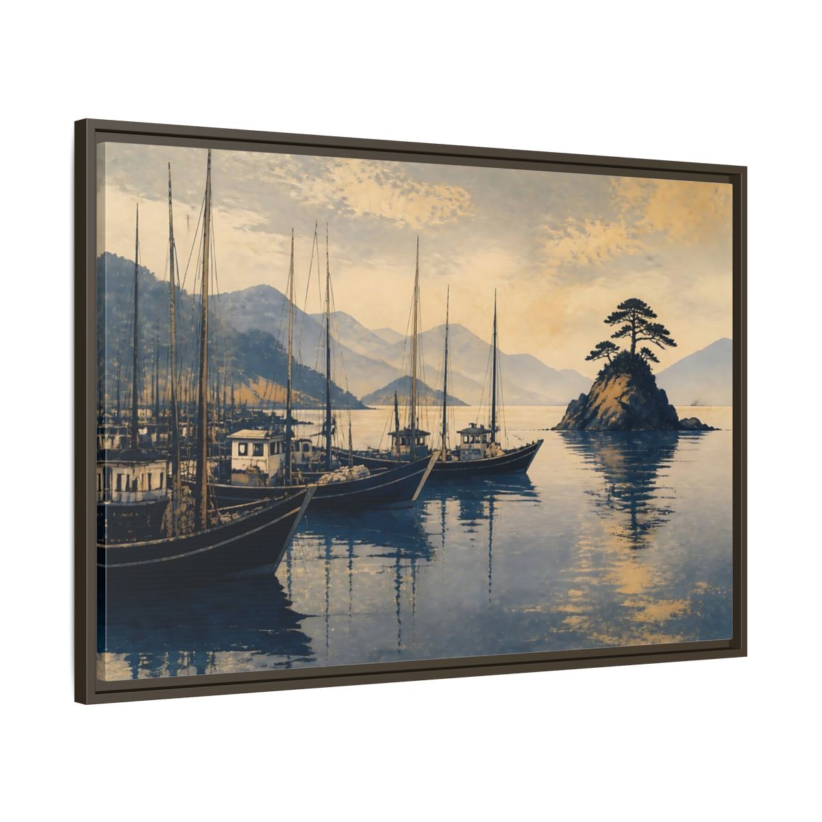 Main Mockup. Quiet Seto Harbor shown as framed canvas print