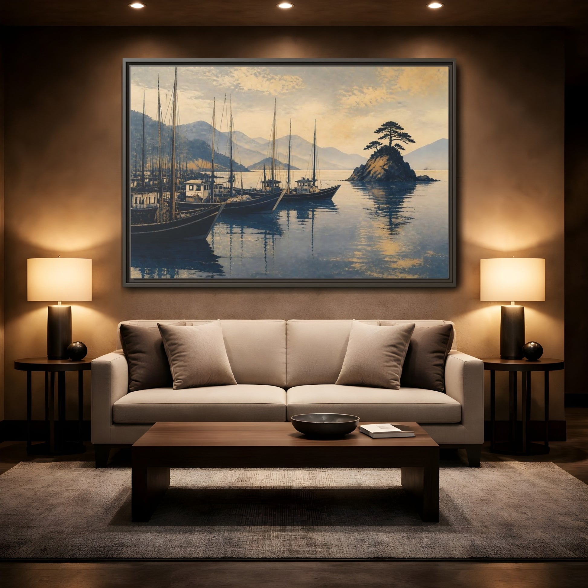 Mockup 2. Quiet Seto Harbor shown as framed canvas print