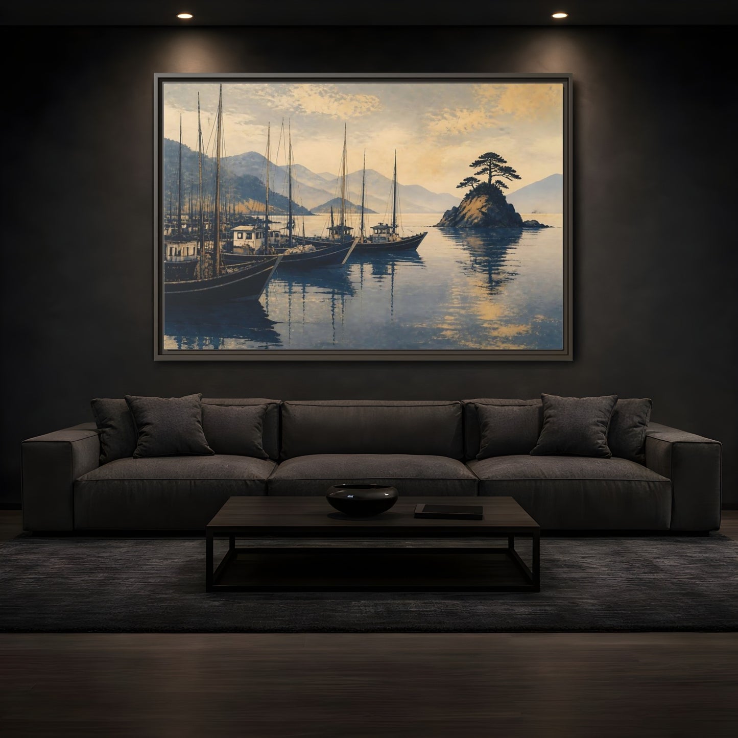 Mockup 3. Quiet Seto Harbor shown as framed canvas print