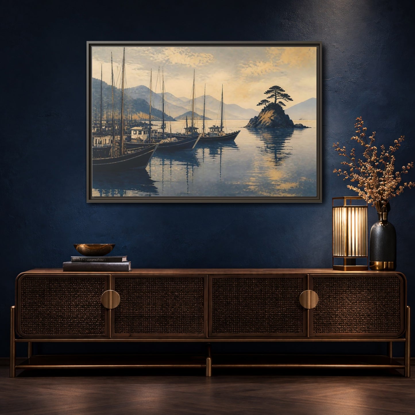 Mockup 4. Quiet Seto Harbor shown as framed canvas print