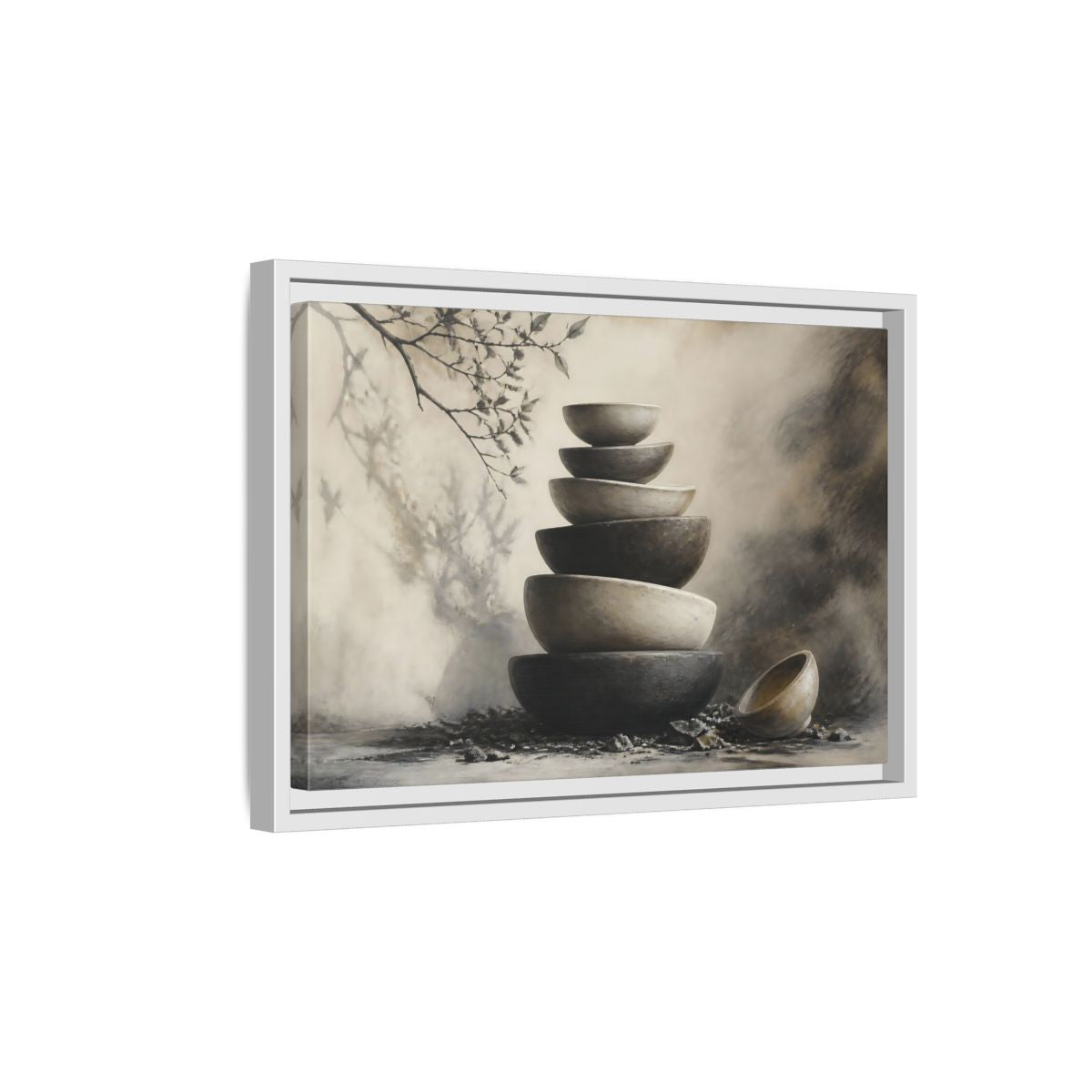 Side Mockup 4. Quiet Stone Bowl Stack shown as framed canvas print