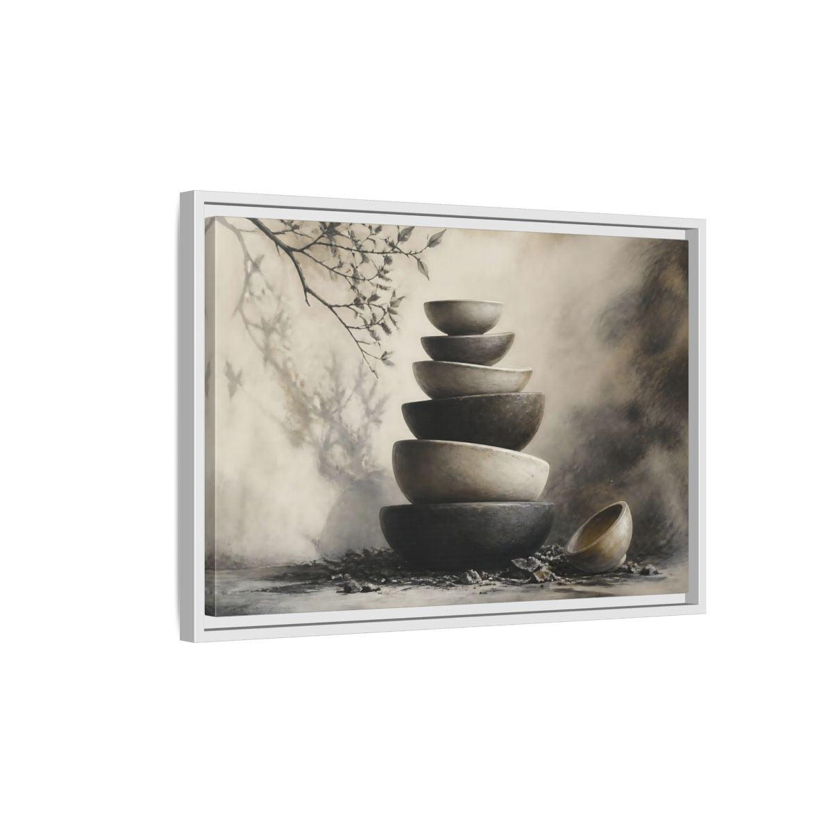 Side Mockup 1. Quiet Stone Bowl Stack shown as framed canvas print