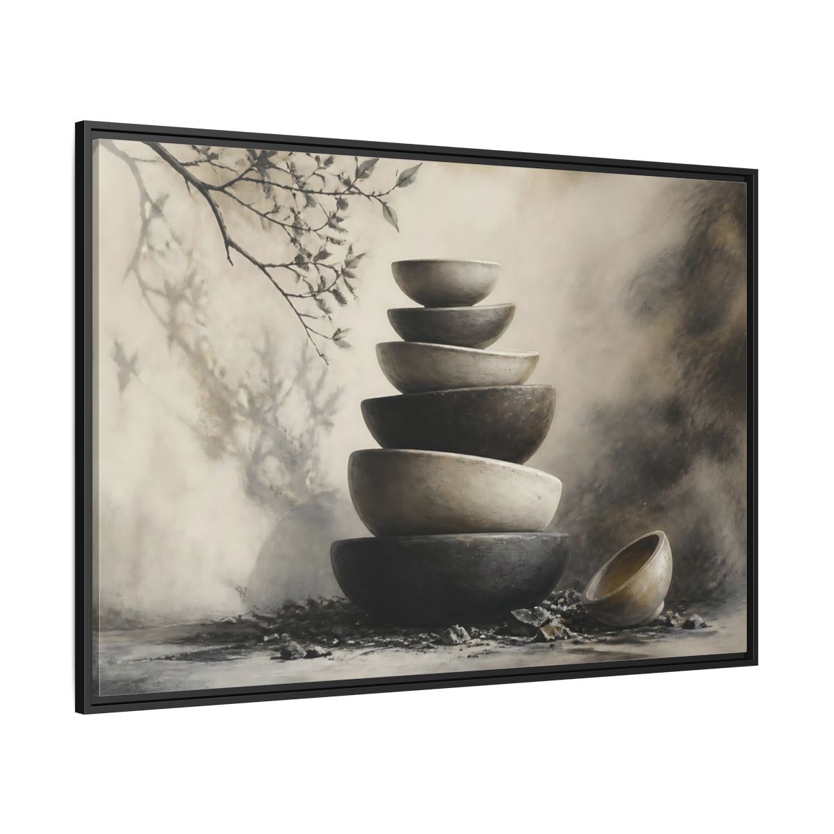 Side Mockup 12. Quiet Stone Bowl Stack shown as framed canvas print