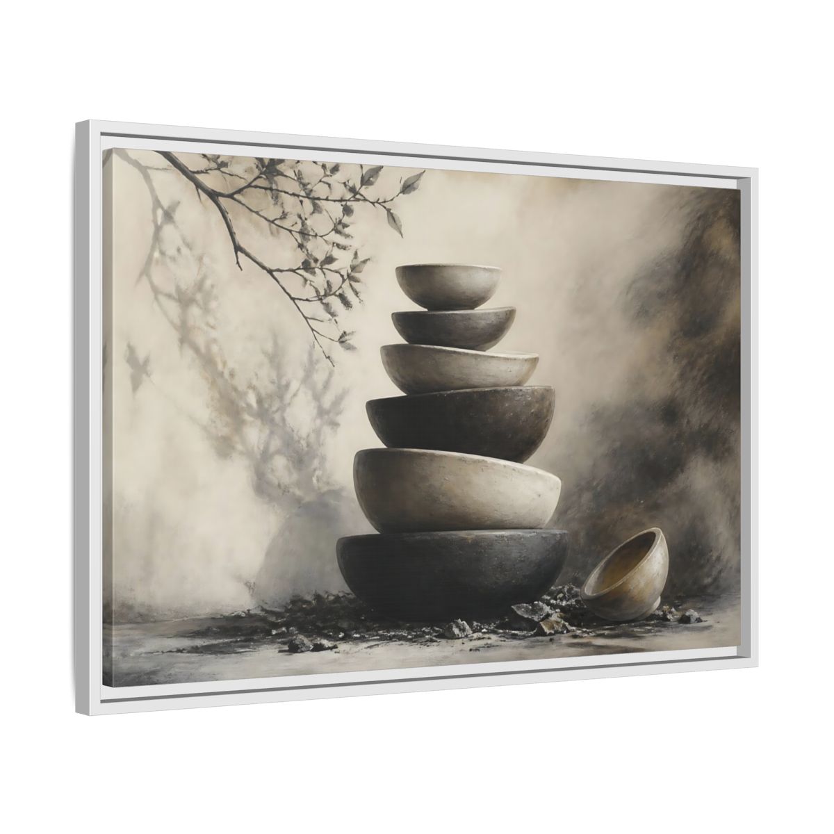 Side Mockup 10. Quiet Stone Bowl Stack shown as framed canvas print