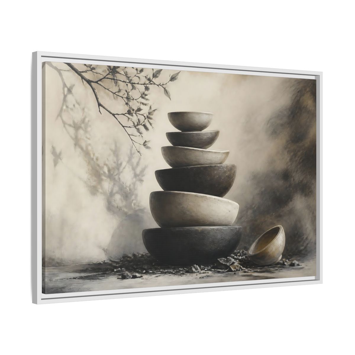 Side Mockup 9. Quiet Stone Bowl Stack shown as framed canvas print