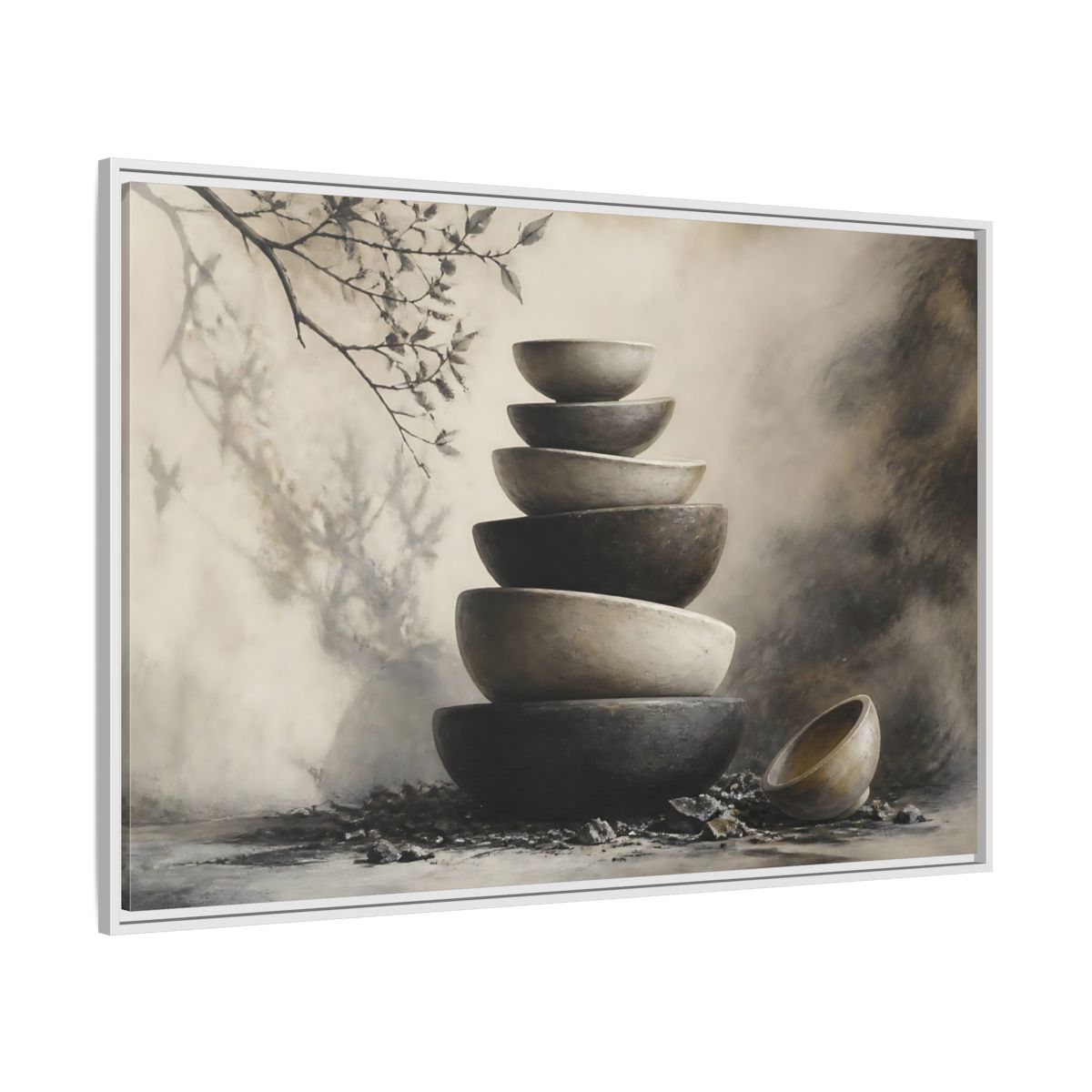 Side Mockup 7. Quiet Stone Bowl Stack shown as framed canvas print