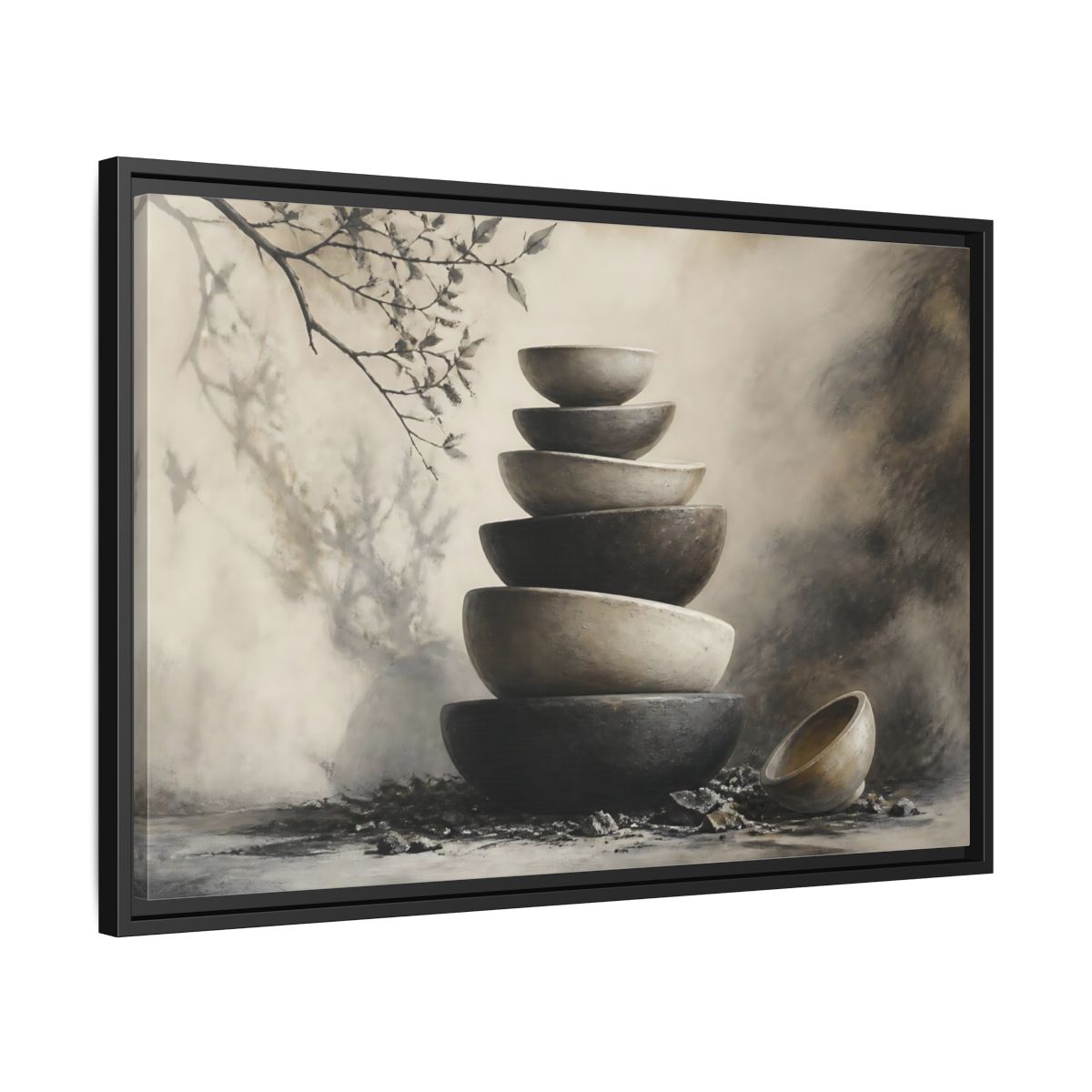 Side Mockup 14. Quiet Stone Bowl Stack shown as framed canvas print